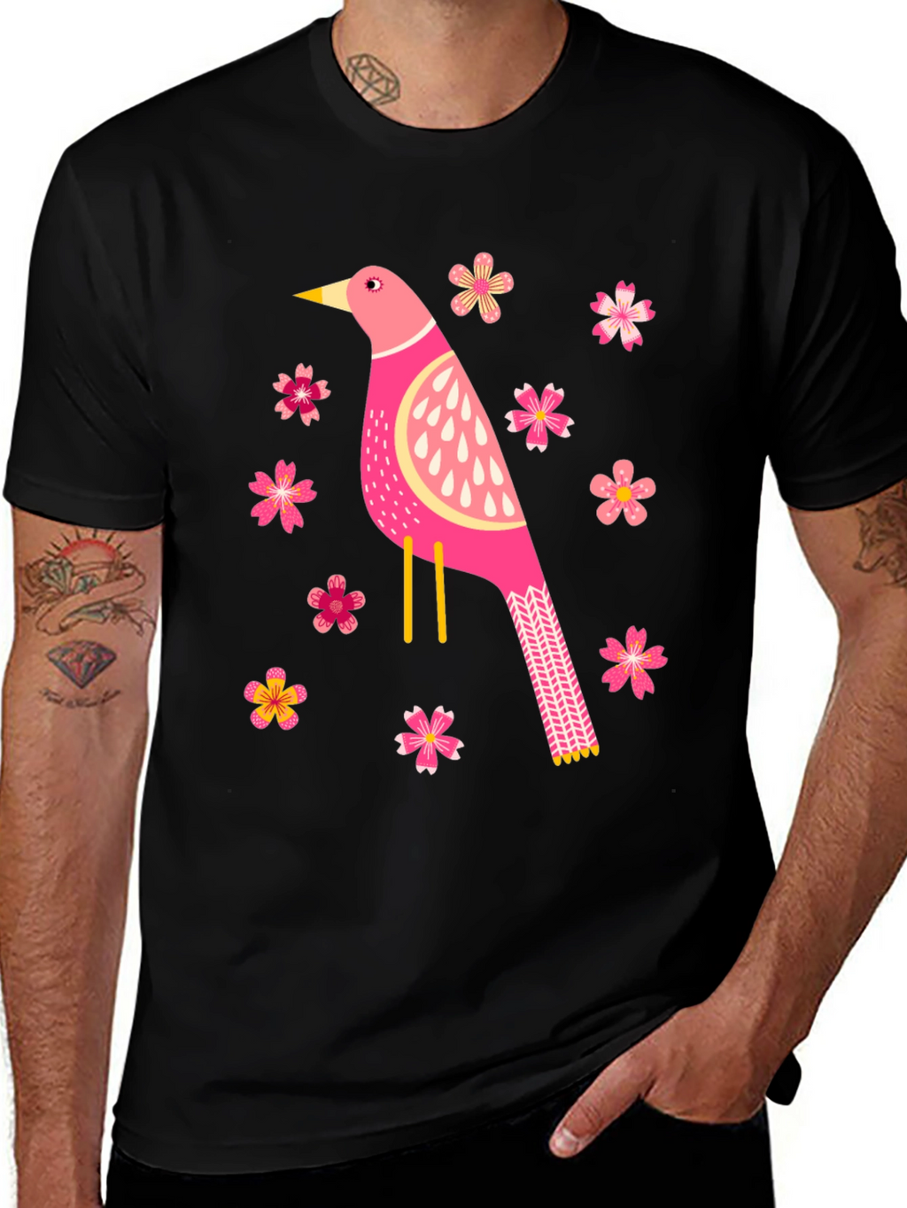 Bird and Blossom Graphic T-Shirt - Black