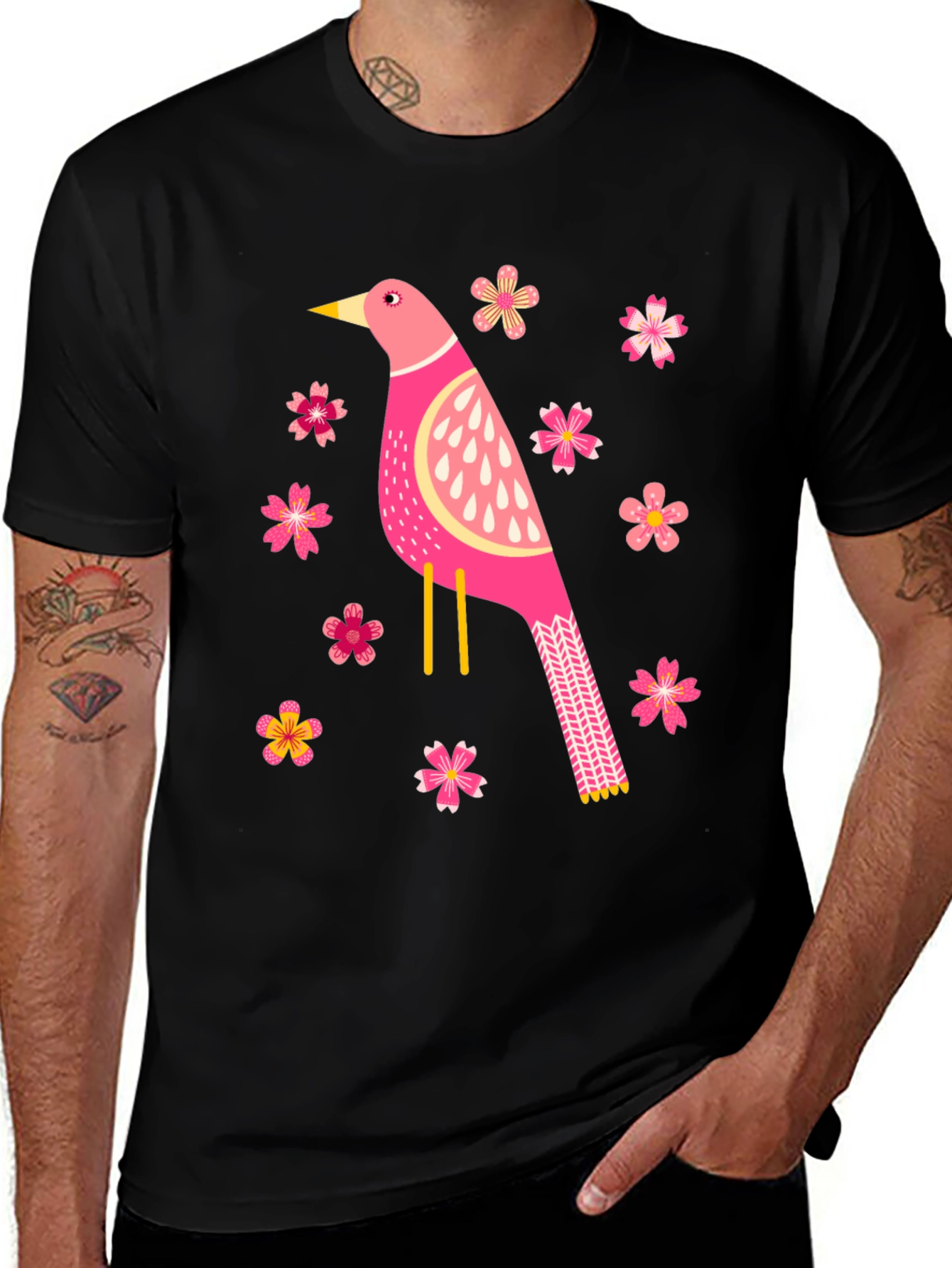Bird and Blossom Graphic T-Shirt - Black
