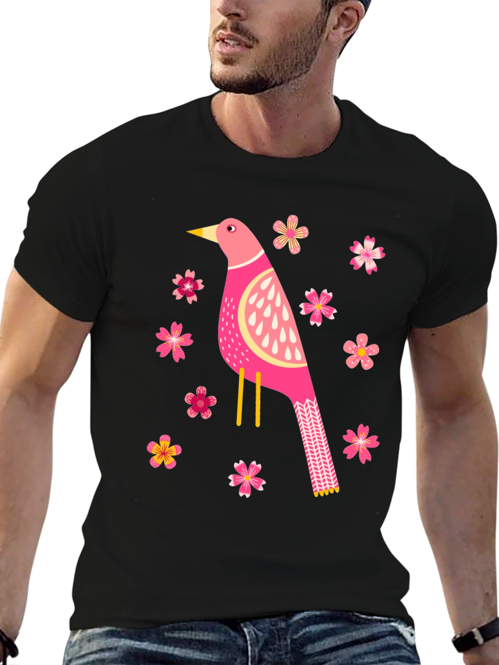 Bird and Blossom Graphic T-Shirt - Black