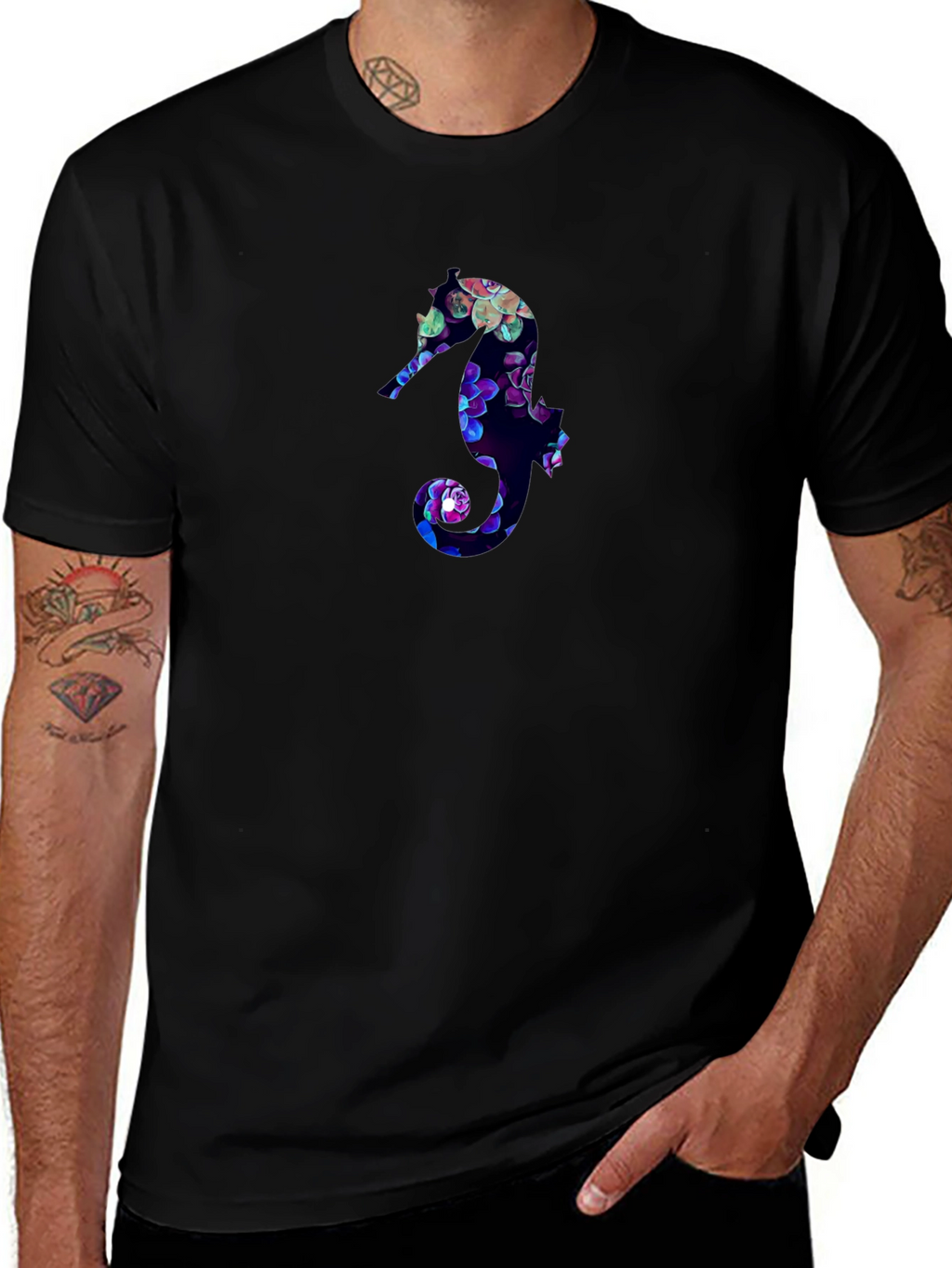Floral Seahorse Graphic Tee - Black
