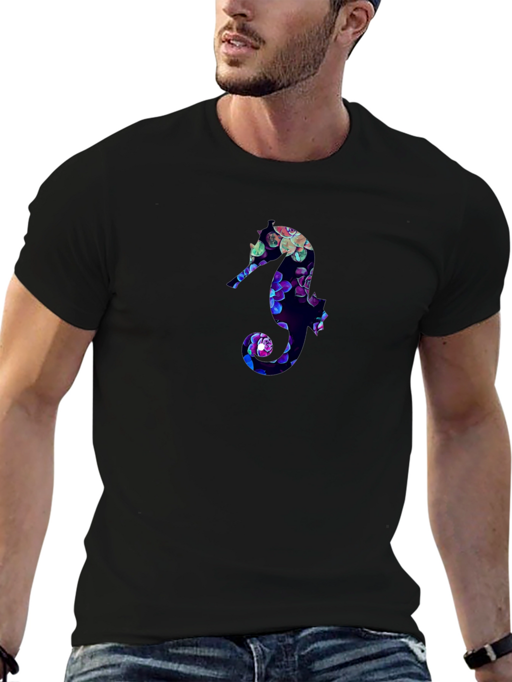 Floral Seahorse Graphic Tee - Black