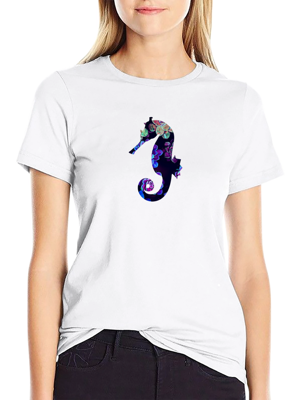 Floral Seahorse Graphic Tee - Black