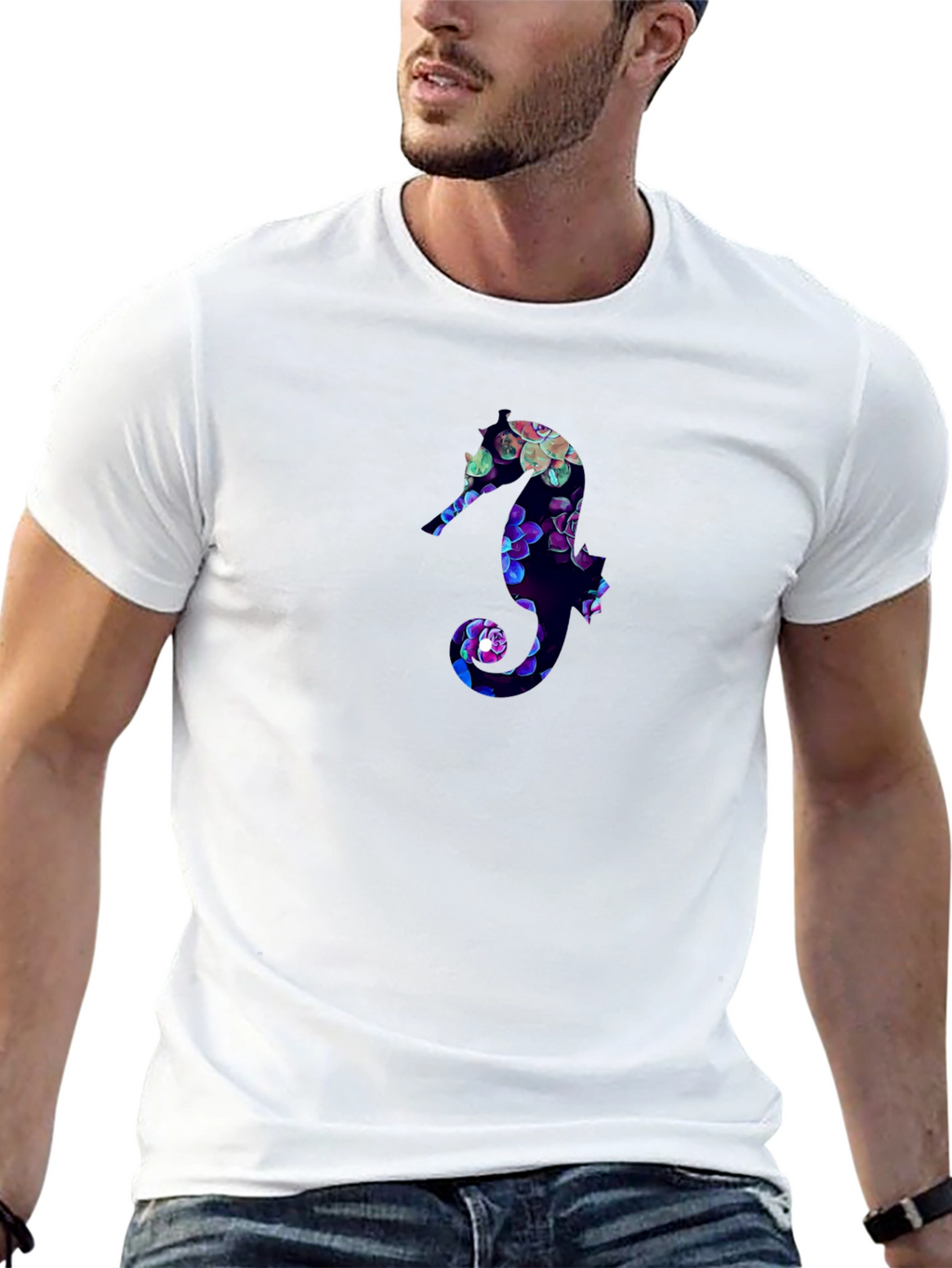 Floral Seahorse Graphic Tee - Black