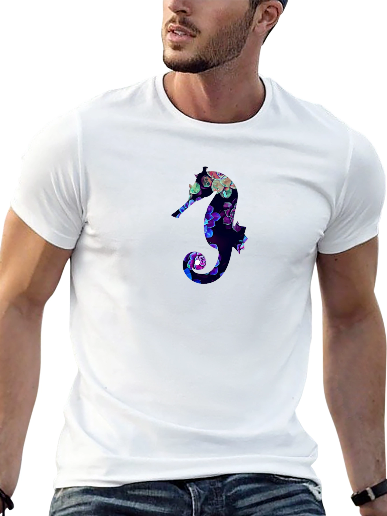 Floral Seahorse Graphic Tee - Black