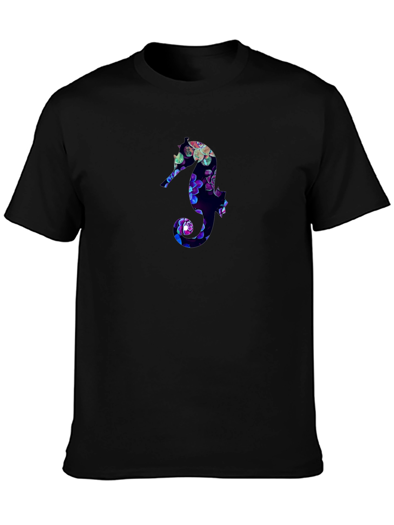 Floral Seahorse Graphic Tee - Black