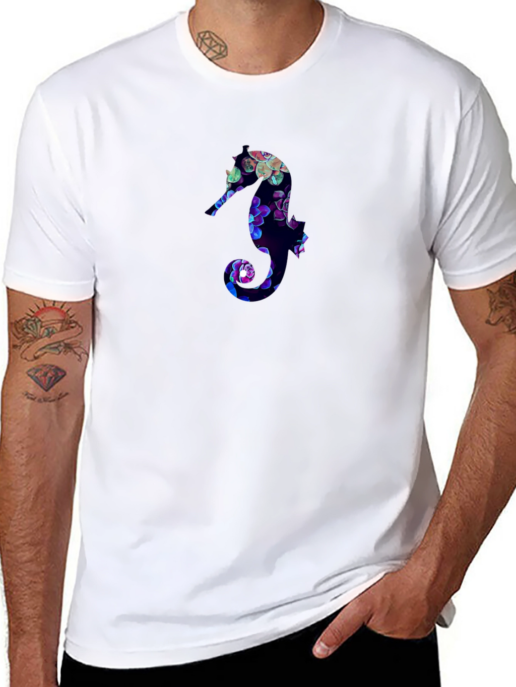 Floral Seahorse Graphic Tee - Black