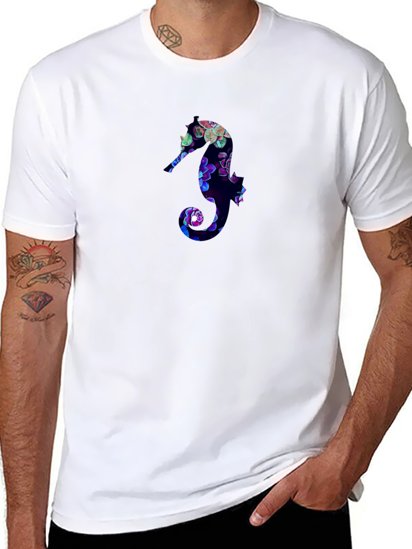 Floral Seahorse Graphic Tee - Black