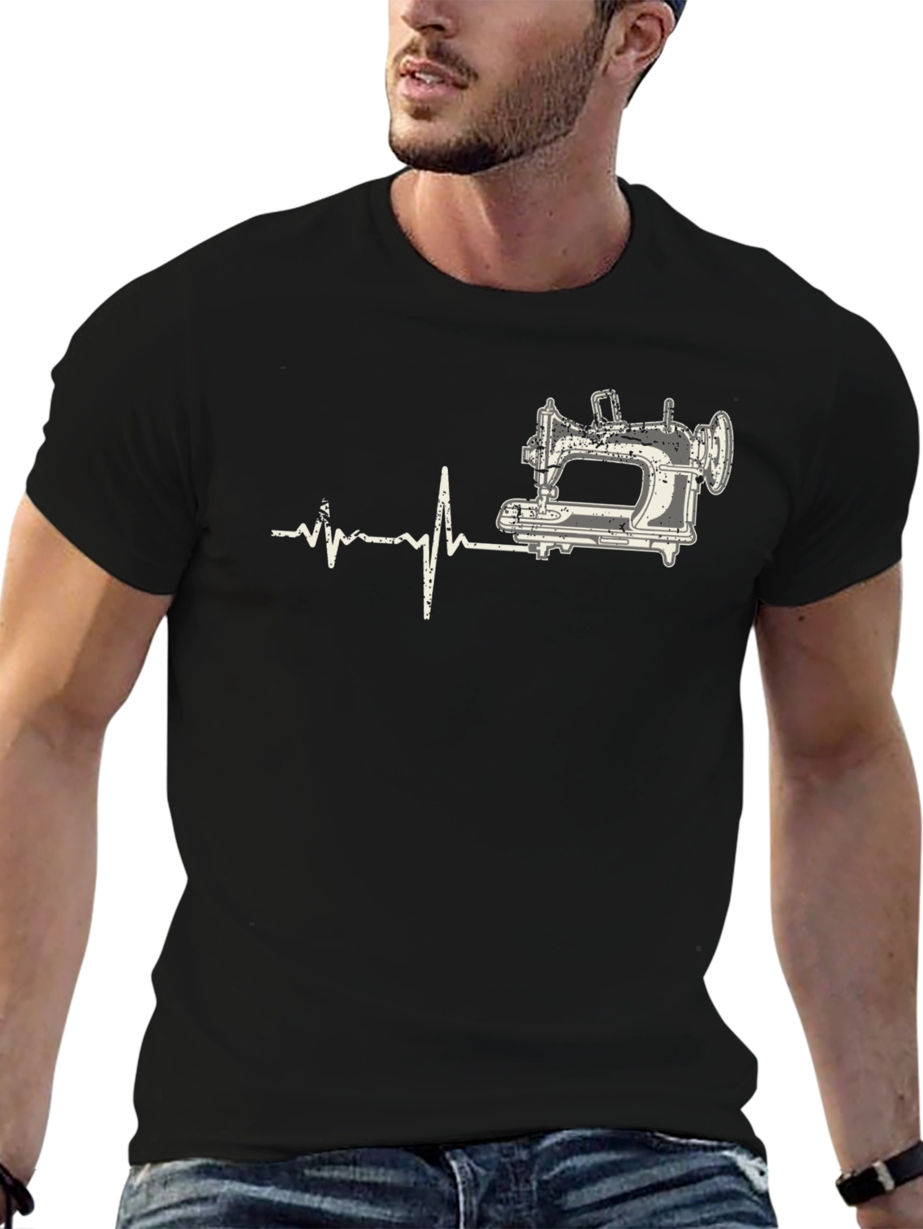 Sewing Machine Heartbeat T-Shirt - Black Cotton