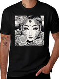 Artistic Floral Woman Graphic Tee - Black