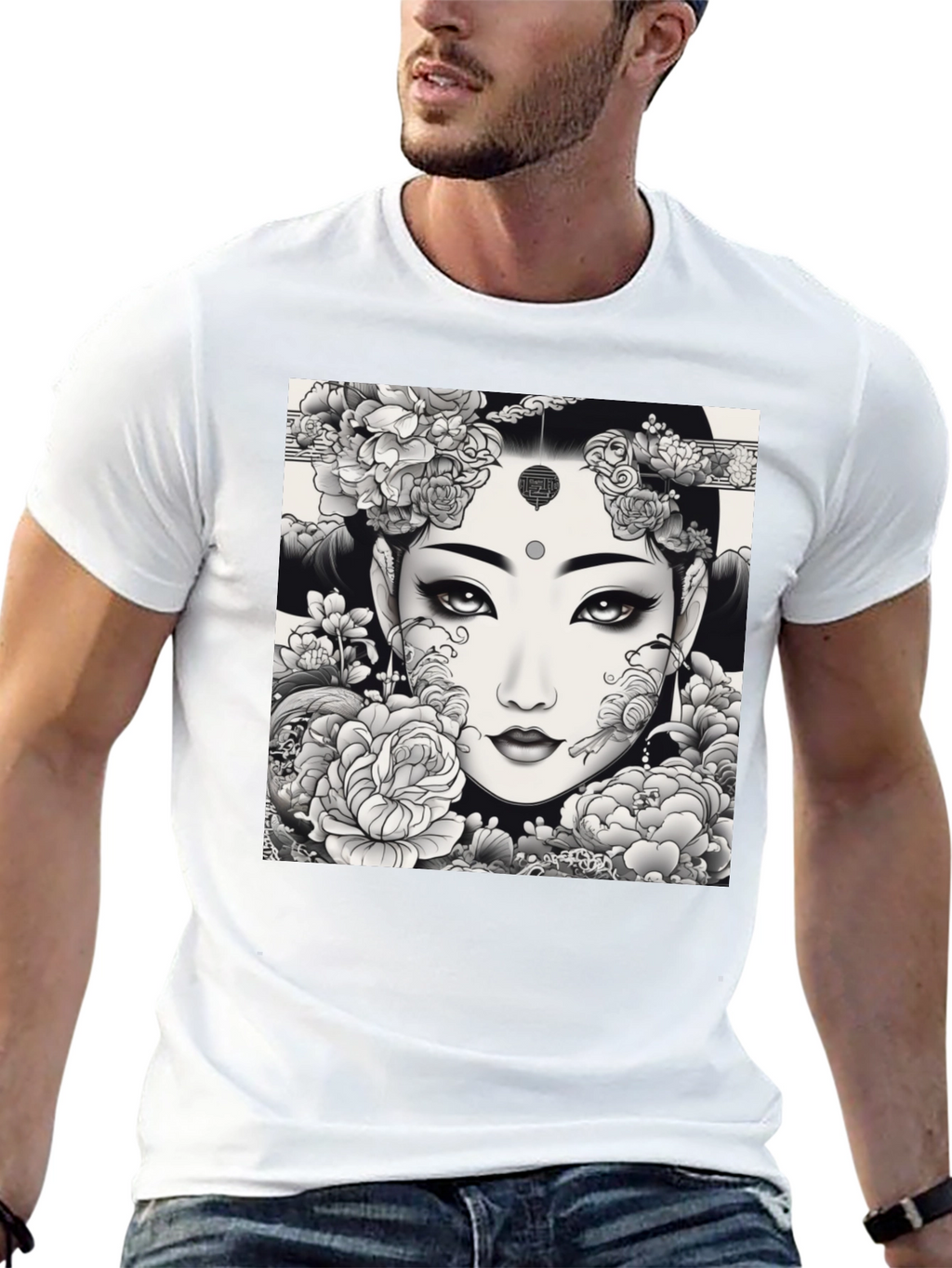 Artistic Floral Woman Graphic Tee - Black