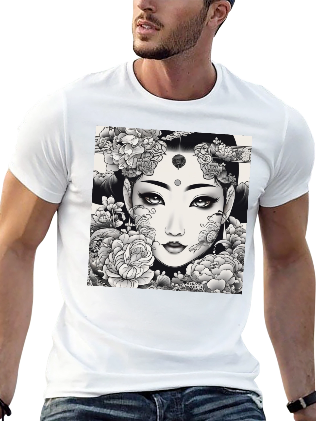 Artistic Floral Woman Graphic Tee - Black