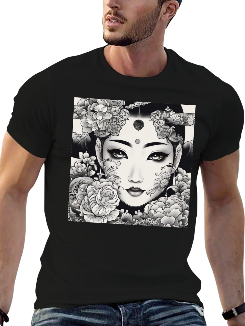 Artistic Floral Woman Graphic Tee - Black