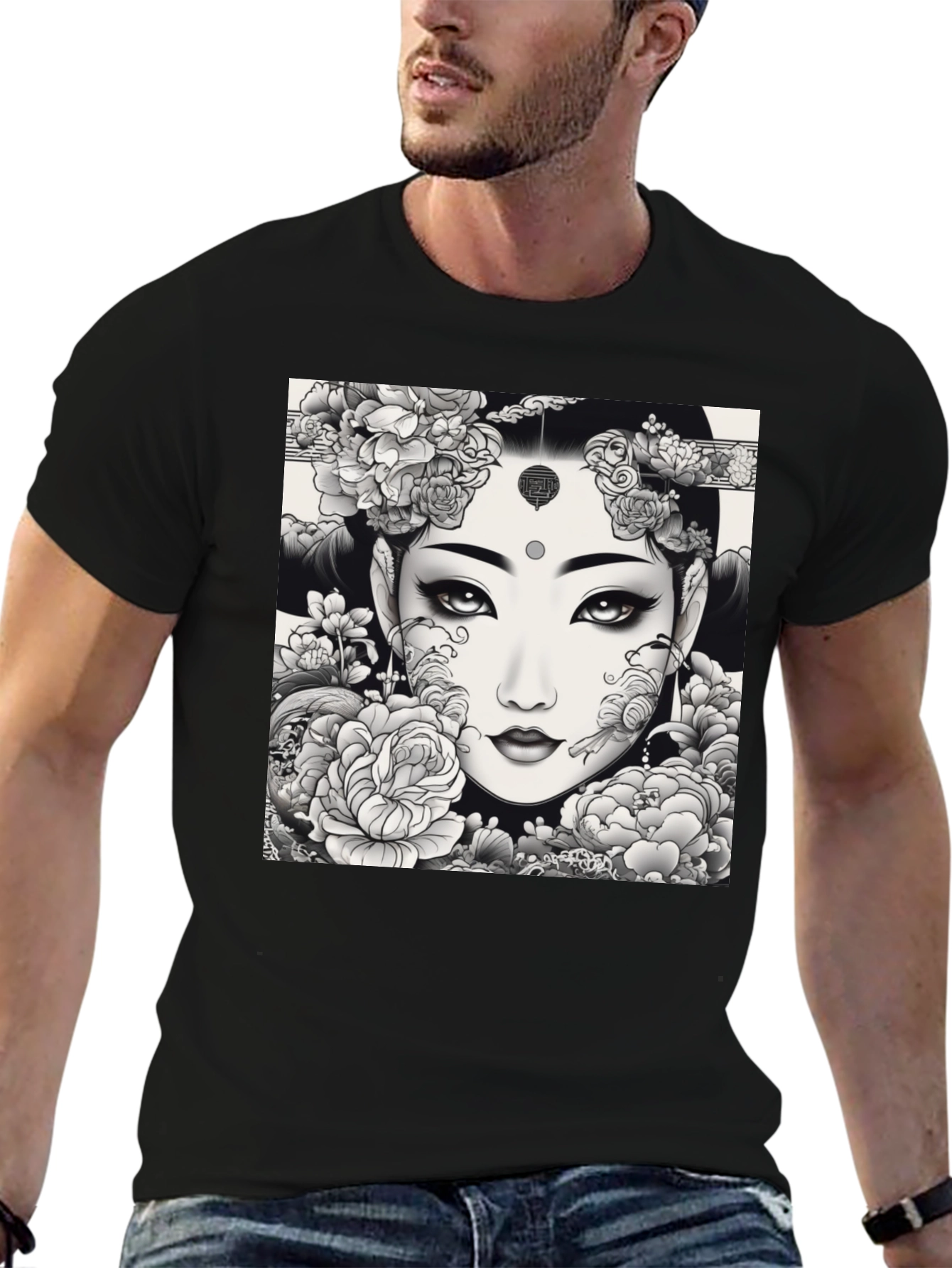 Artistic Floral Woman Graphic Tee - Black
