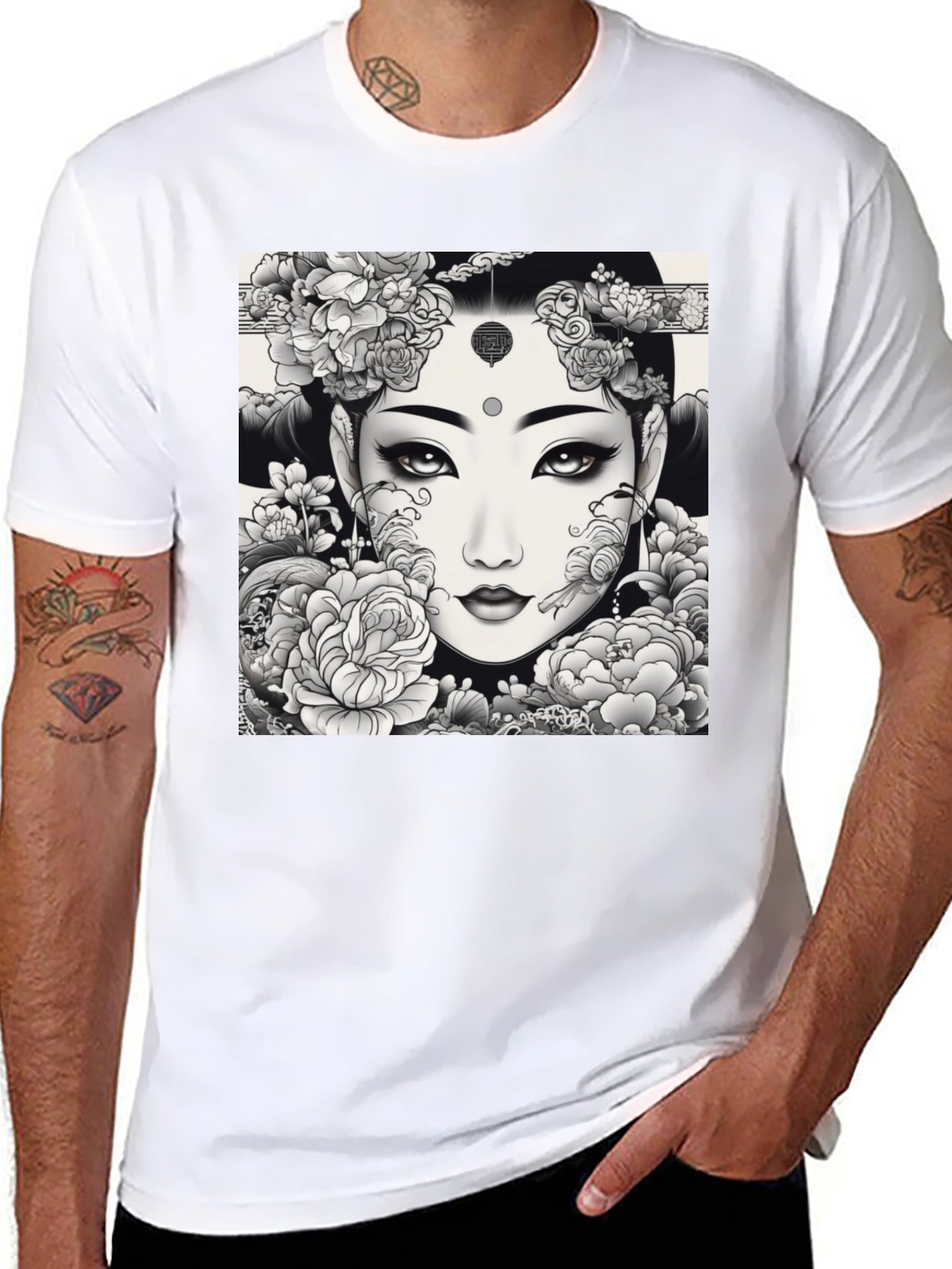 Artistic Floral Woman Graphic Tee - Black