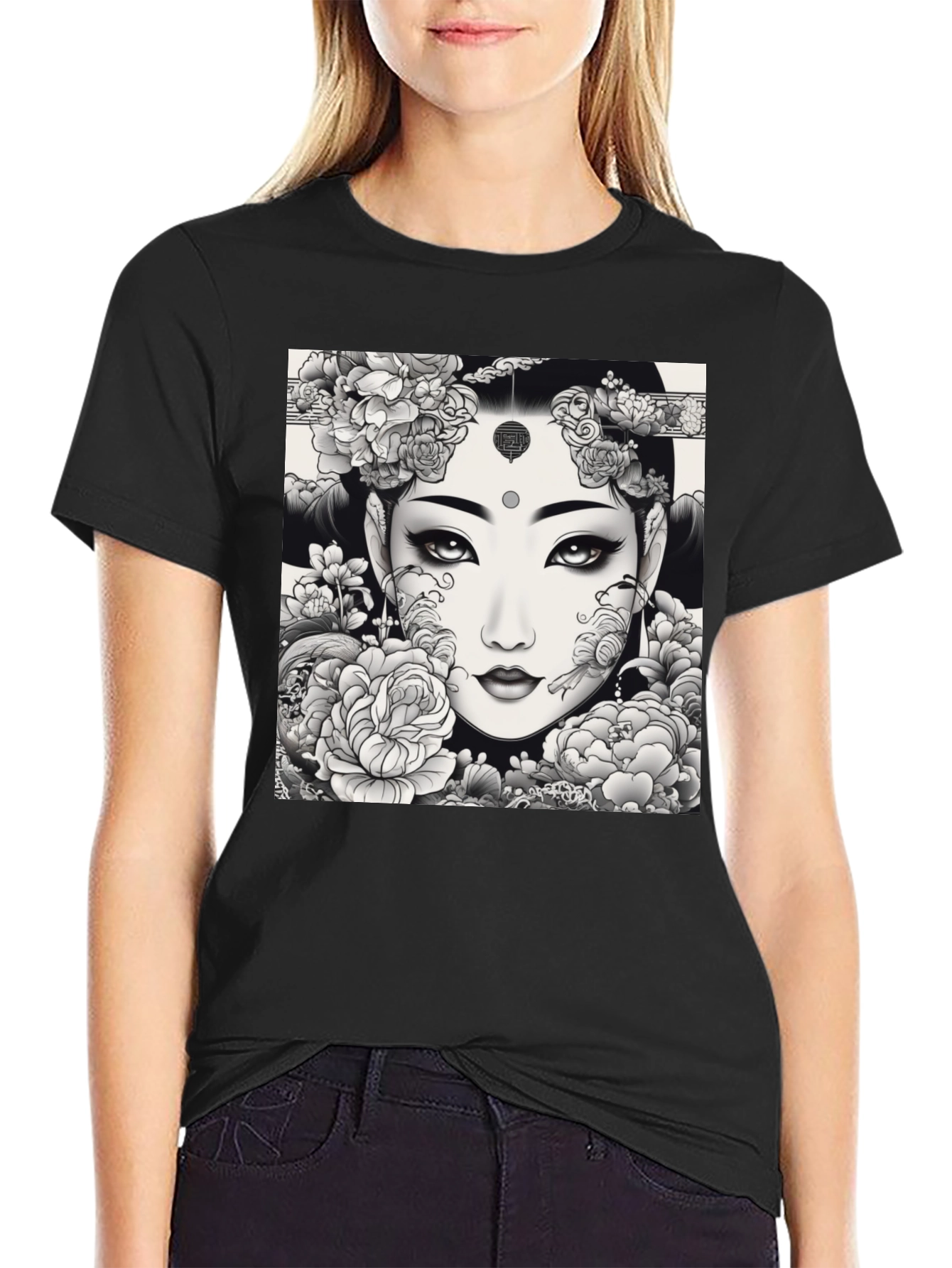 Artistic Floral Woman Graphic Tee - Black