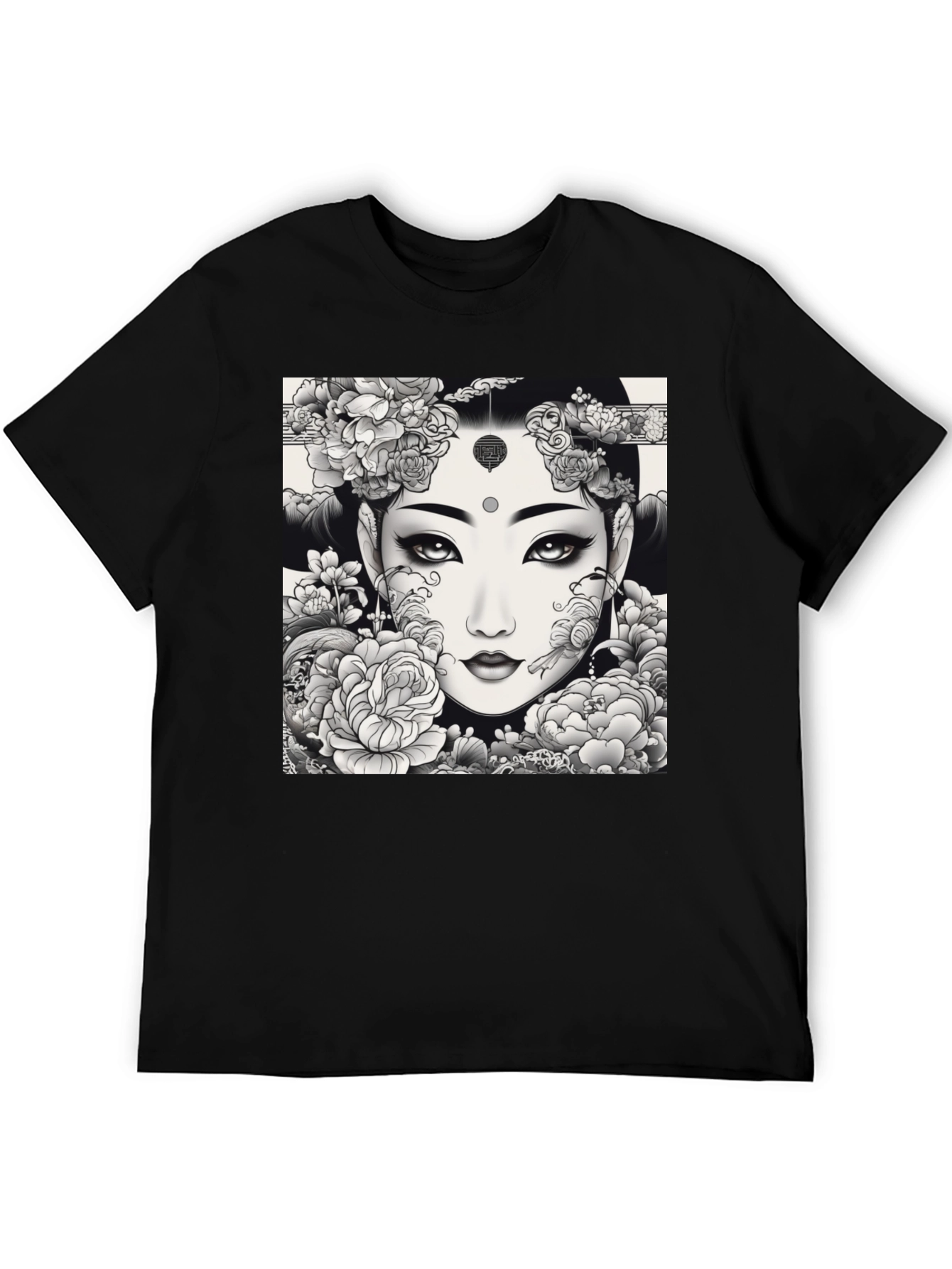 Artistic Floral Woman Graphic Tee - Black