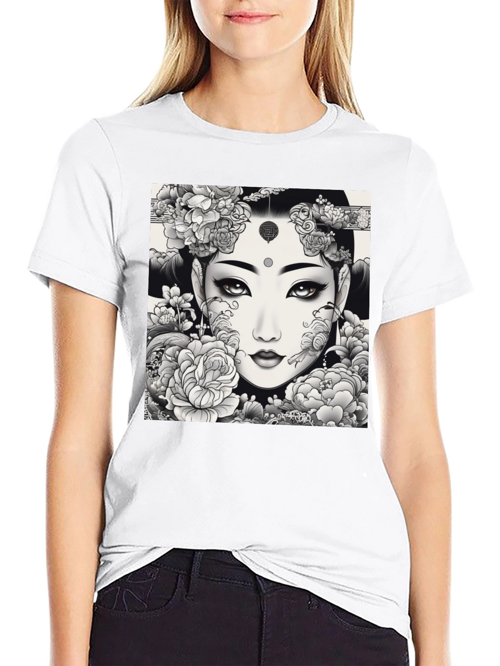 Artistic Floral Woman Graphic Tee - Black