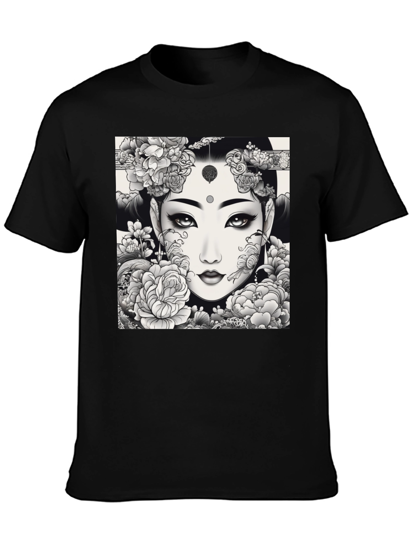 Artistic Floral Woman Graphic Tee - Black