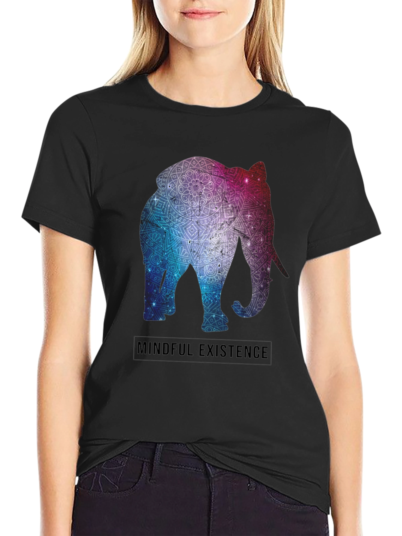 Mindful Existence Elephant Mandala Black T-Shirt