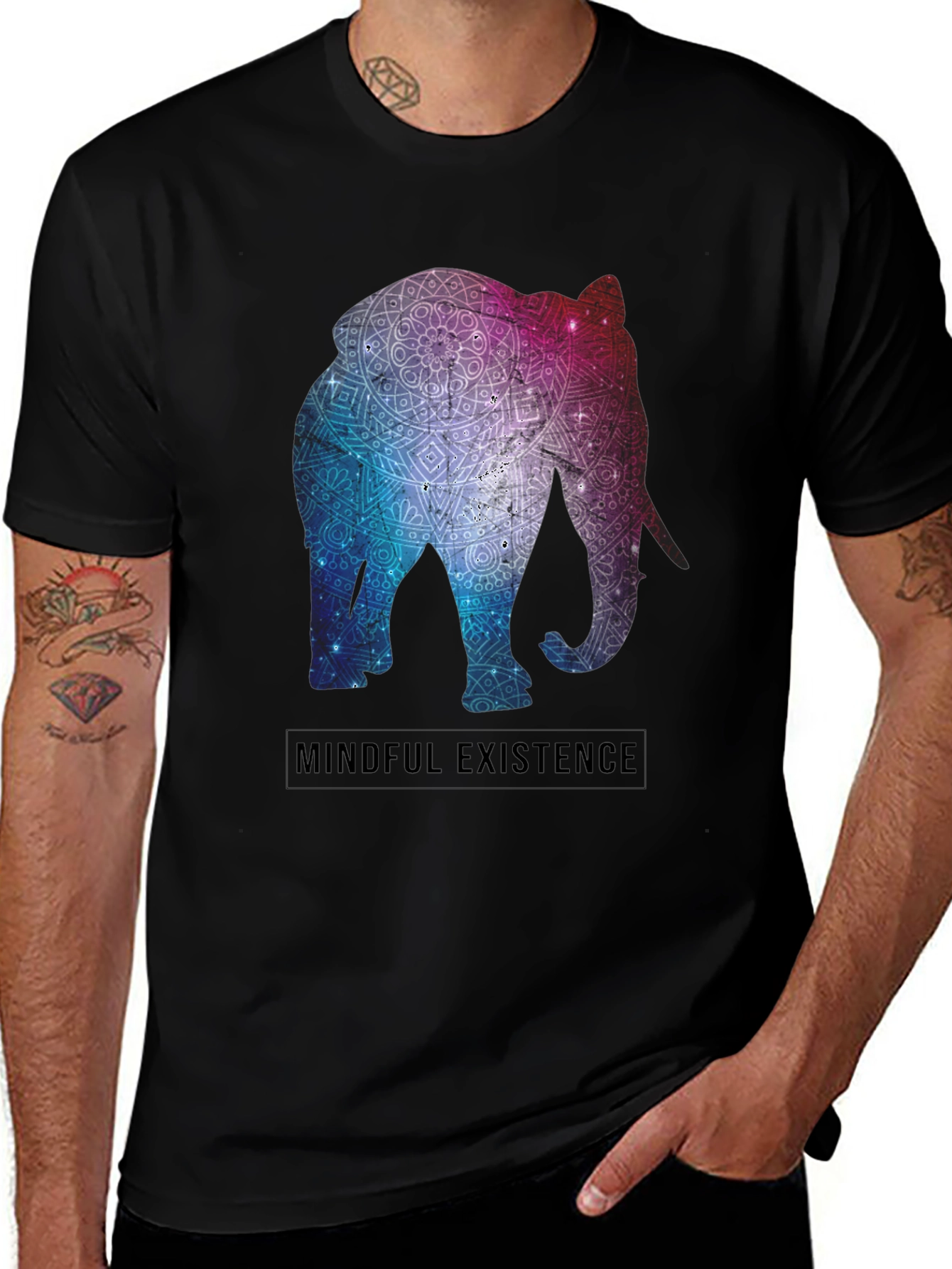 Mindful Existence Elephant Mandala Black T-Shirt