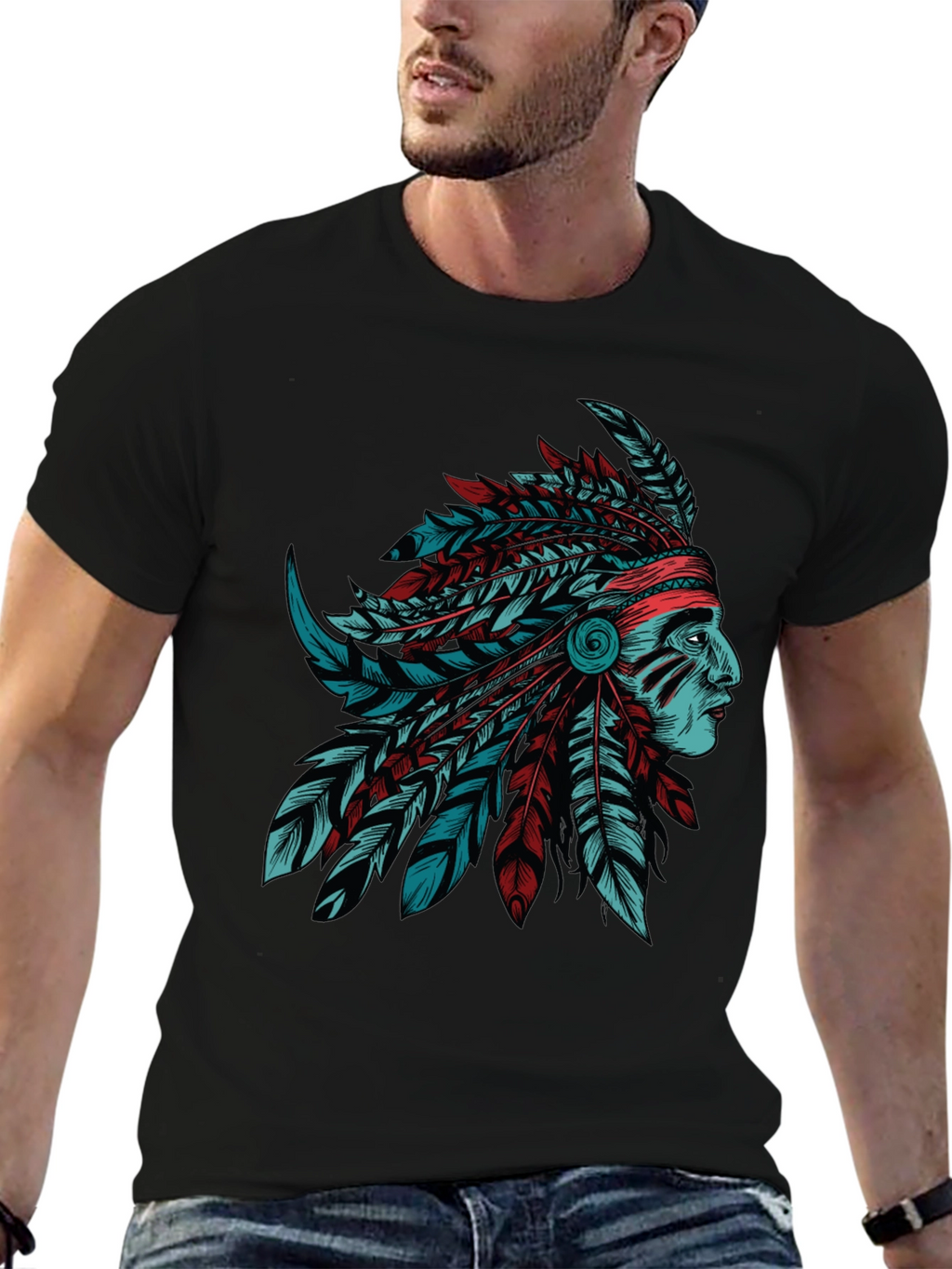 Native American Chief Graphic Tee - Stylish Black T-Shirt