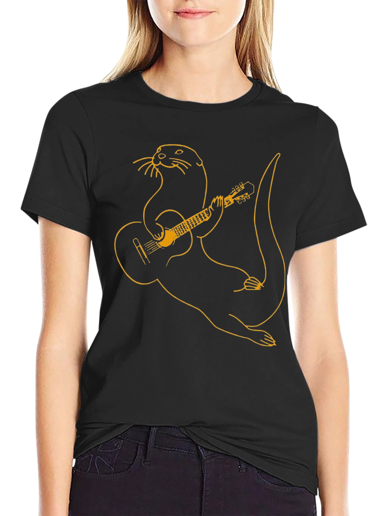 Otter Playing Guitar Graphic Tee - Black T-Shirt