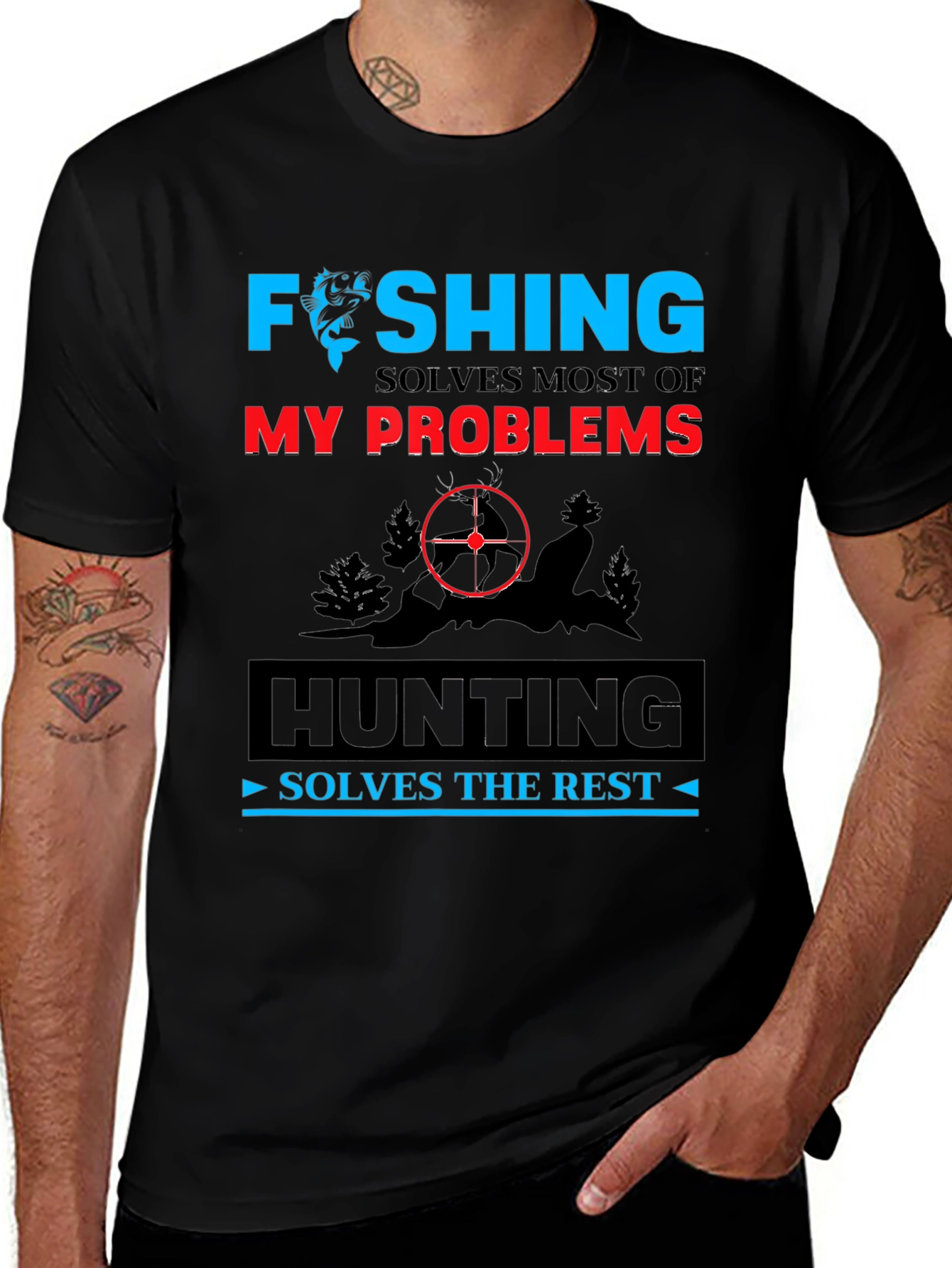 Fishing & Hunting Humor T-Shirt - Solves My Problems