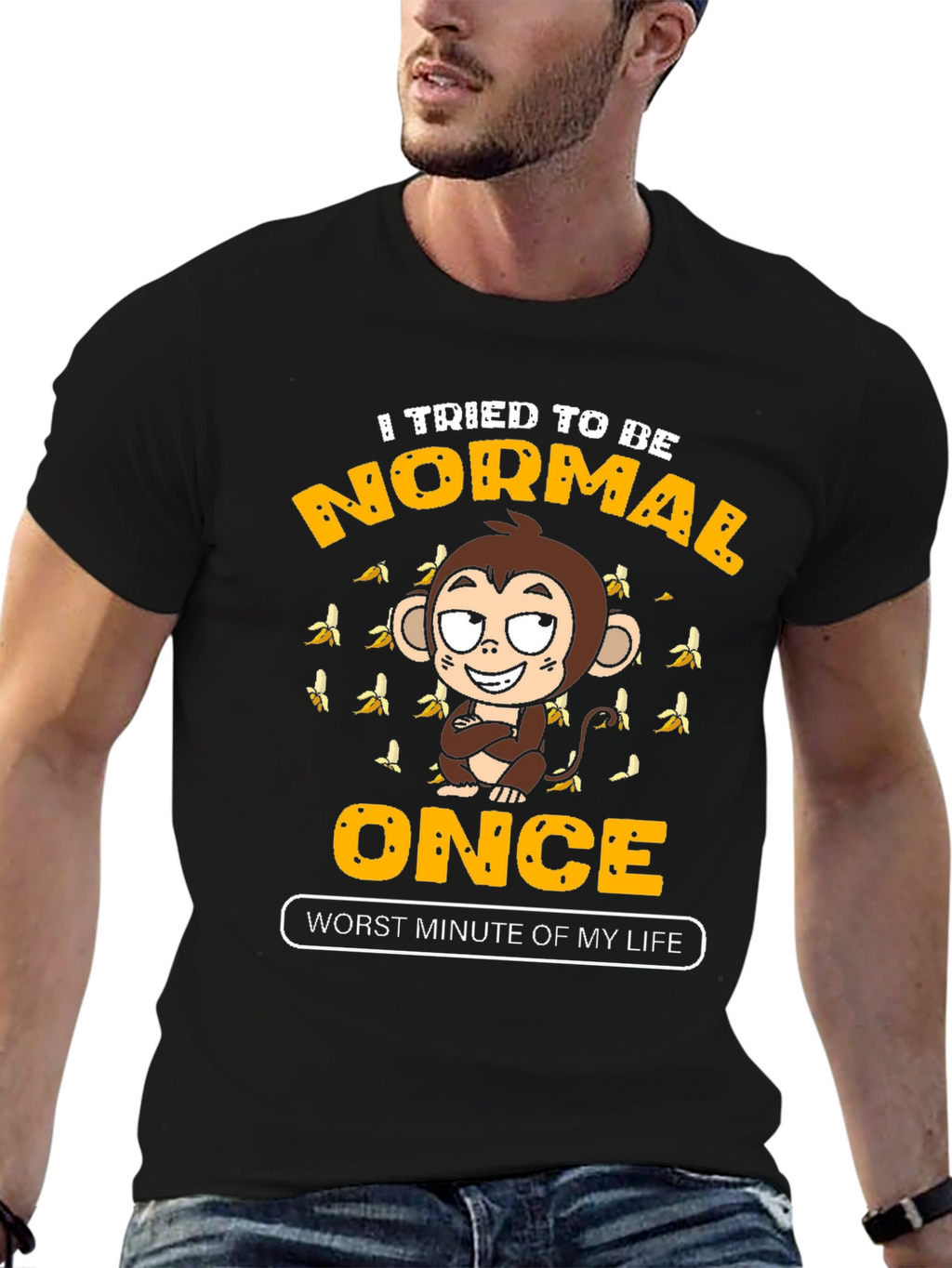 Funny Monkey Normal Once Mens Black Graphic T-Shirt