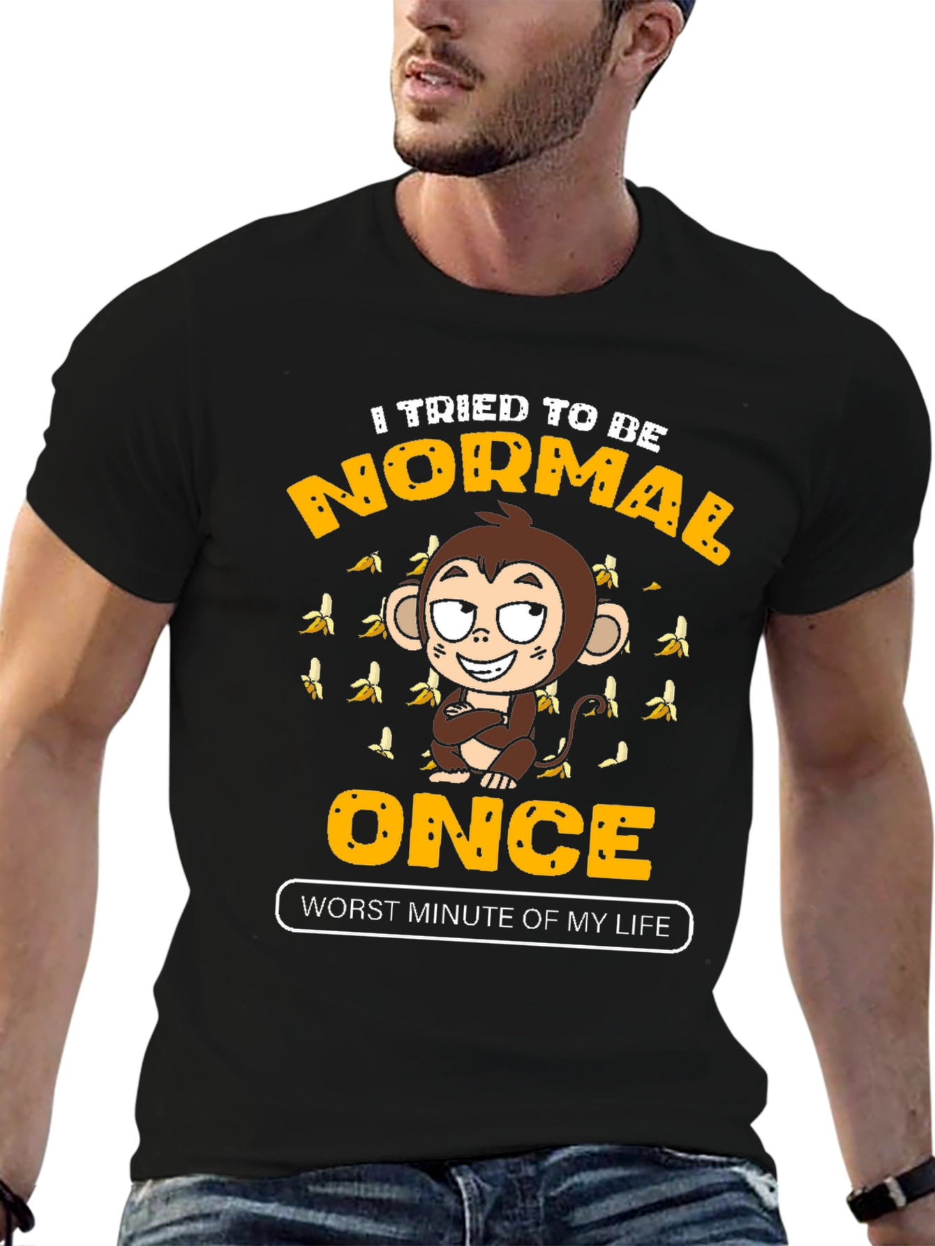 Funny Monkey Normal Once Mens Black Graphic T-Shirt