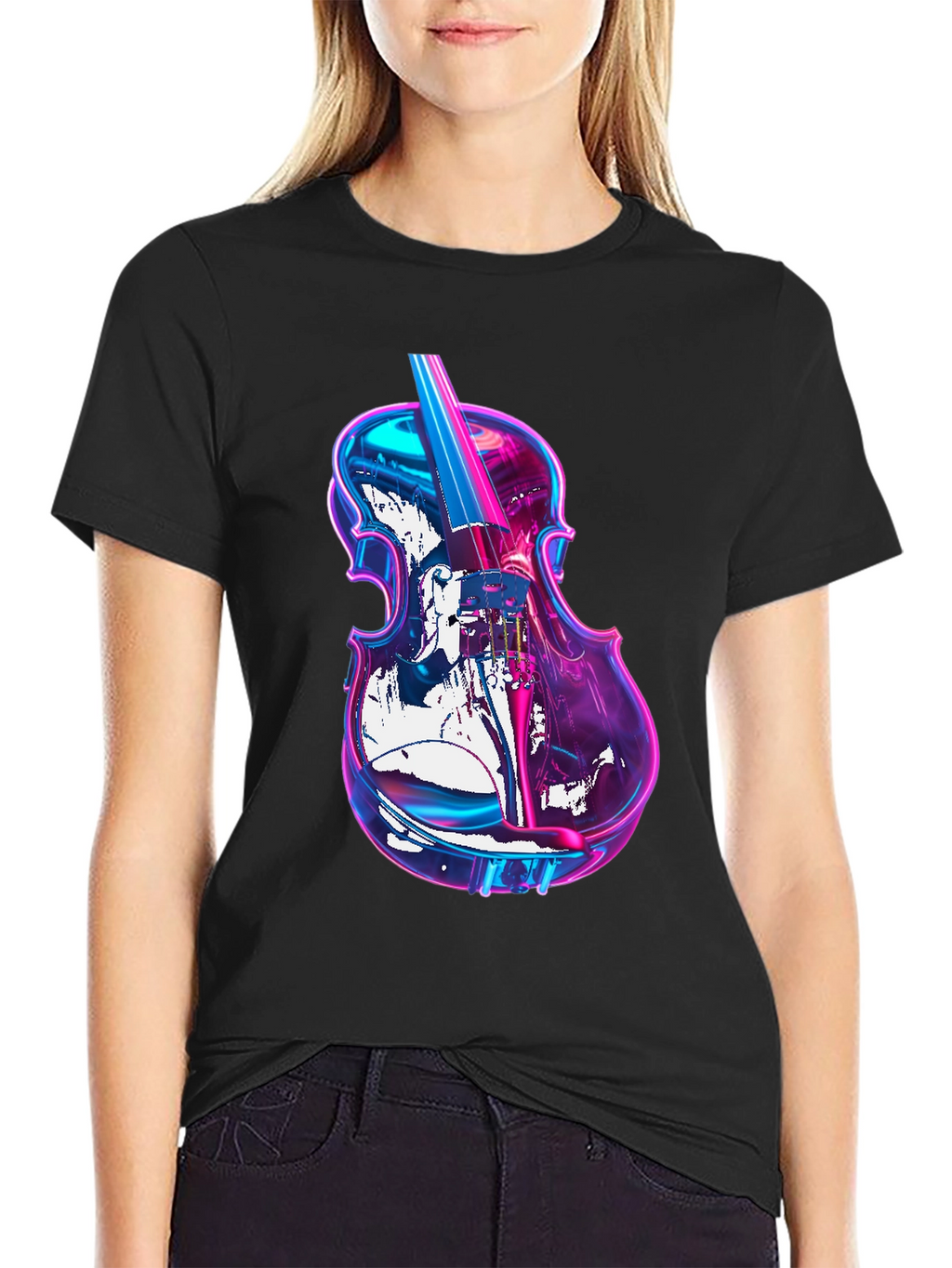Vibrant Neon Violin Graphic Black T-Shirt