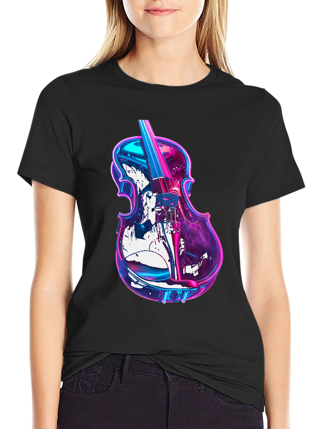 Vibrant Neon Violin Graphic Black T-Shirt