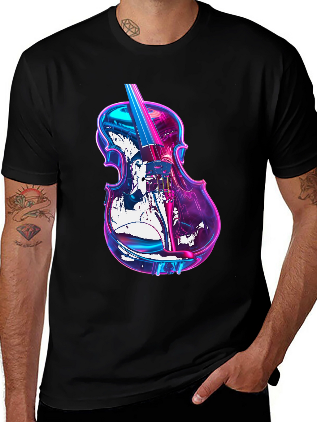 Vibrant Neon Violin Graphic Black T-Shirt