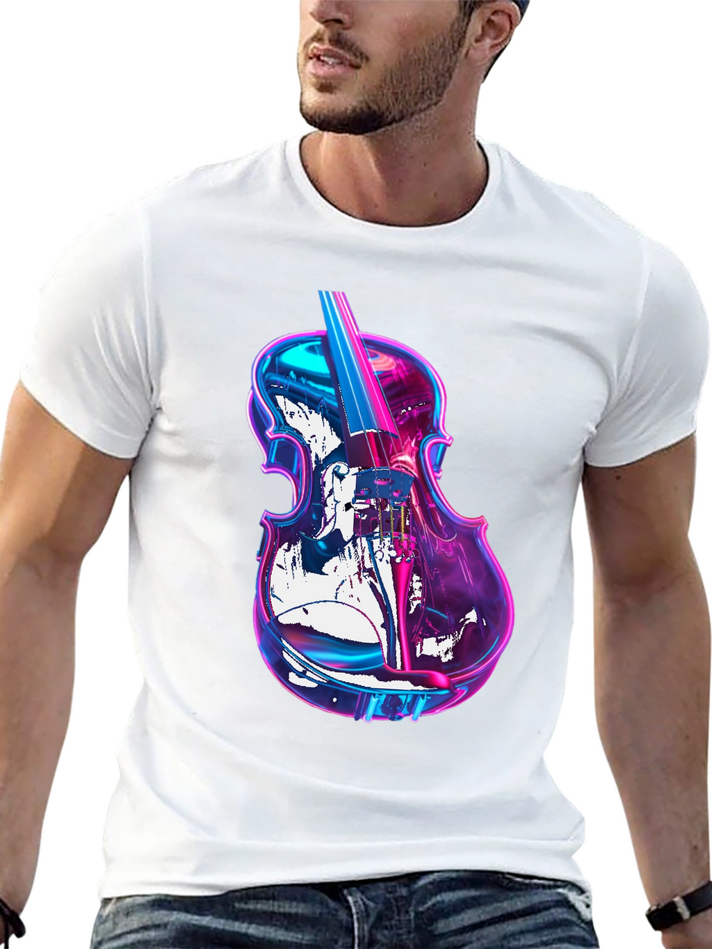 Vibrant Neon Violin Graphic Black T-Shirt