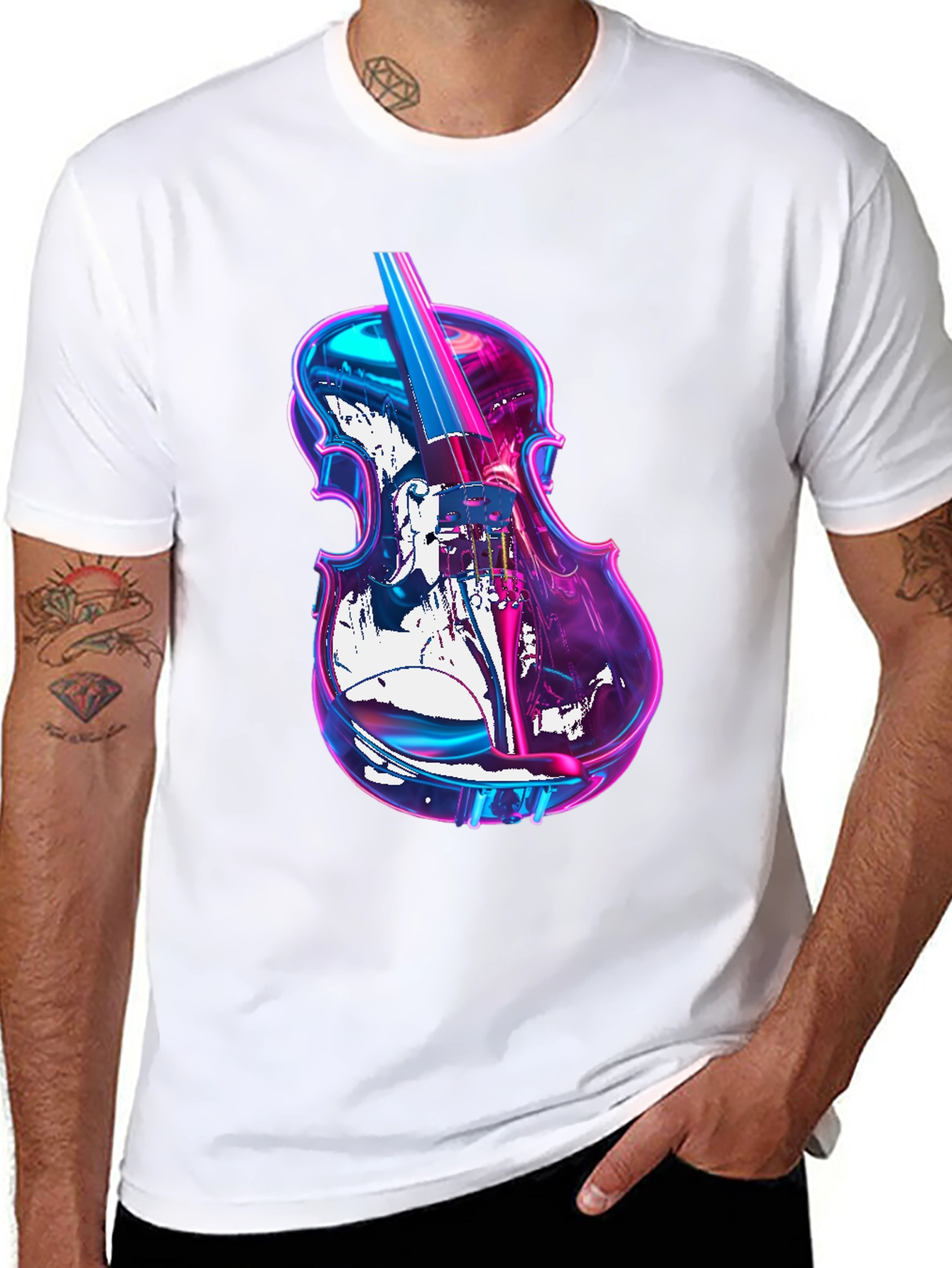 Vibrant Neon Violin Graphic Black T-Shirt