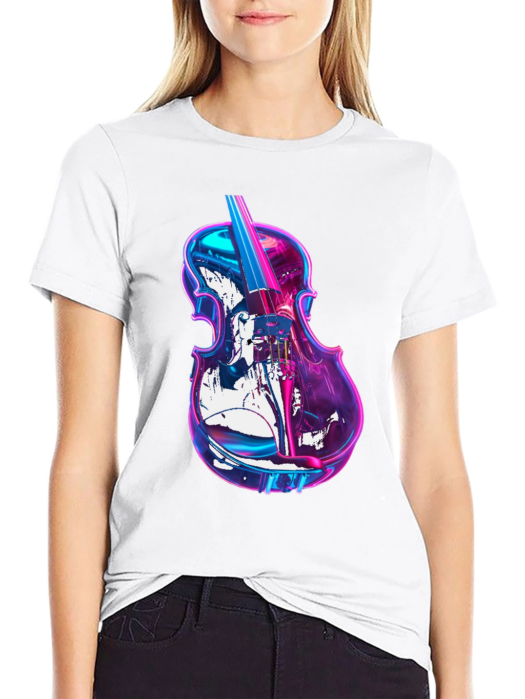 Vibrant Neon Violin Graphic Black T-Shirt