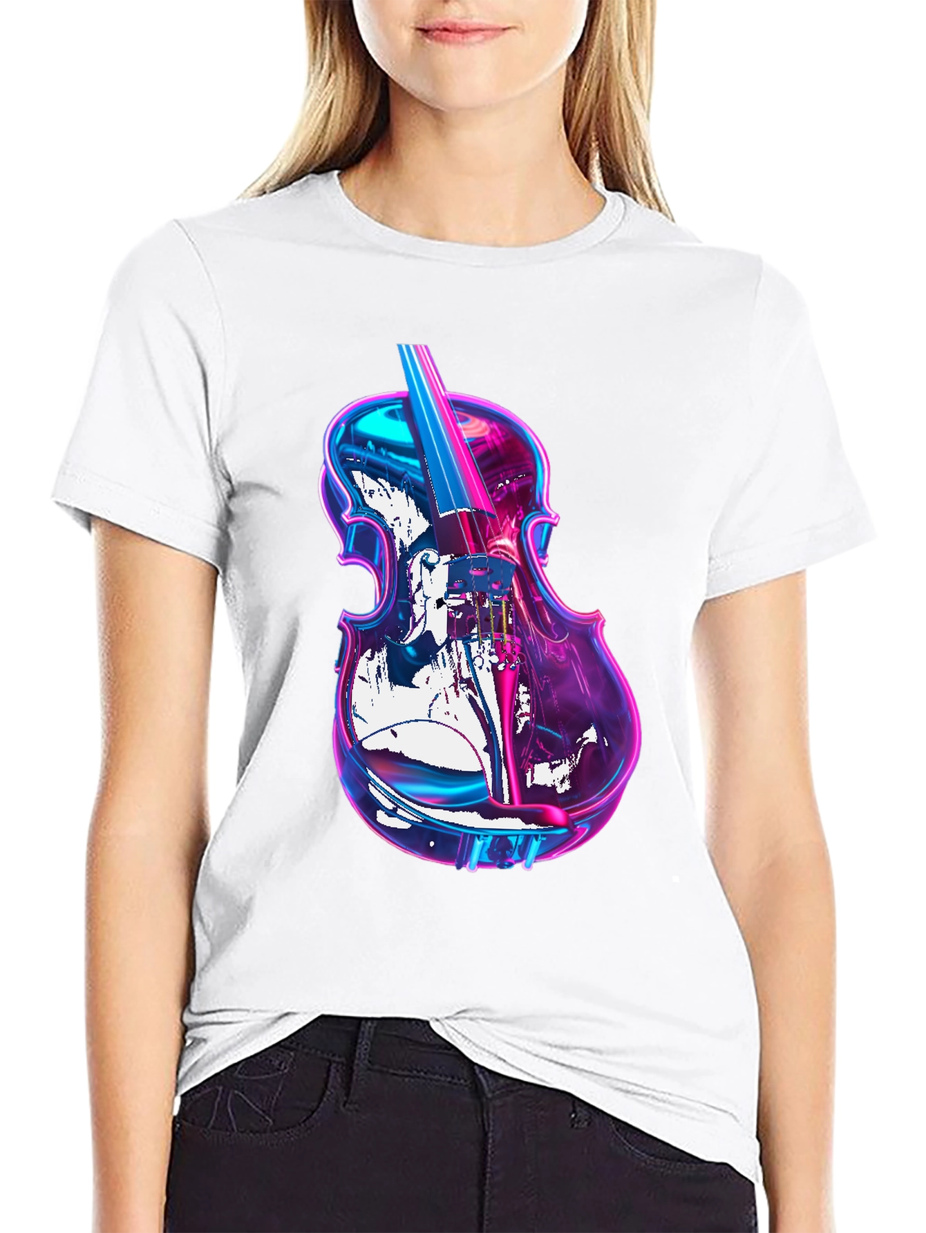 Vibrant Neon Violin Graphic Black T-Shirt
