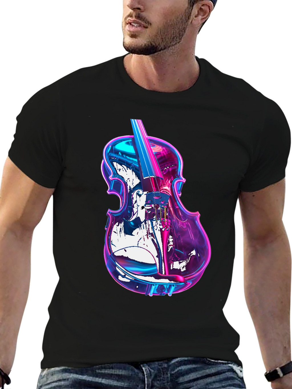 Vibrant Neon Violin Graphic Black T-Shirt