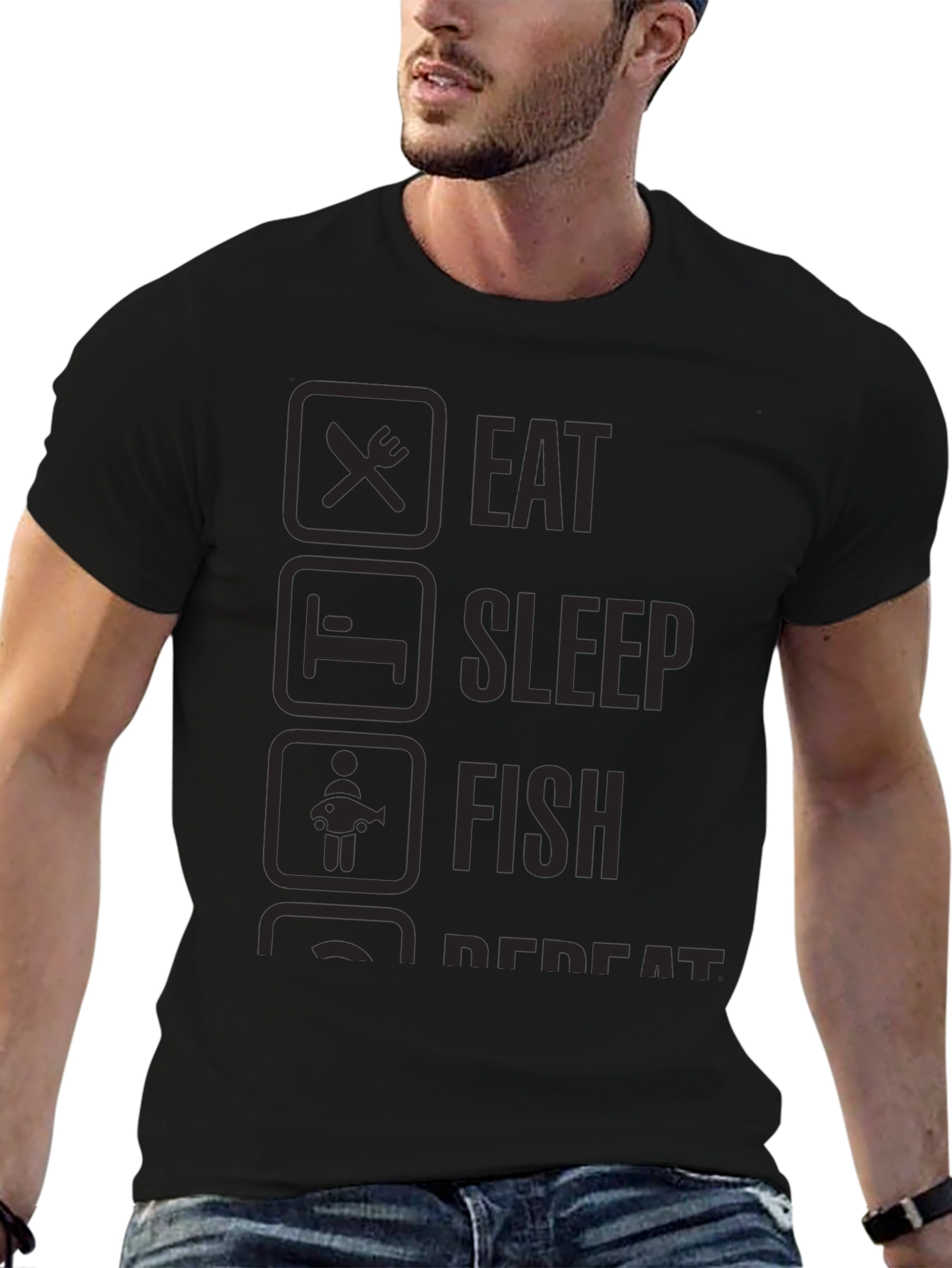 Eat Sleep Fish Repeat Black Graphic T-Shirt