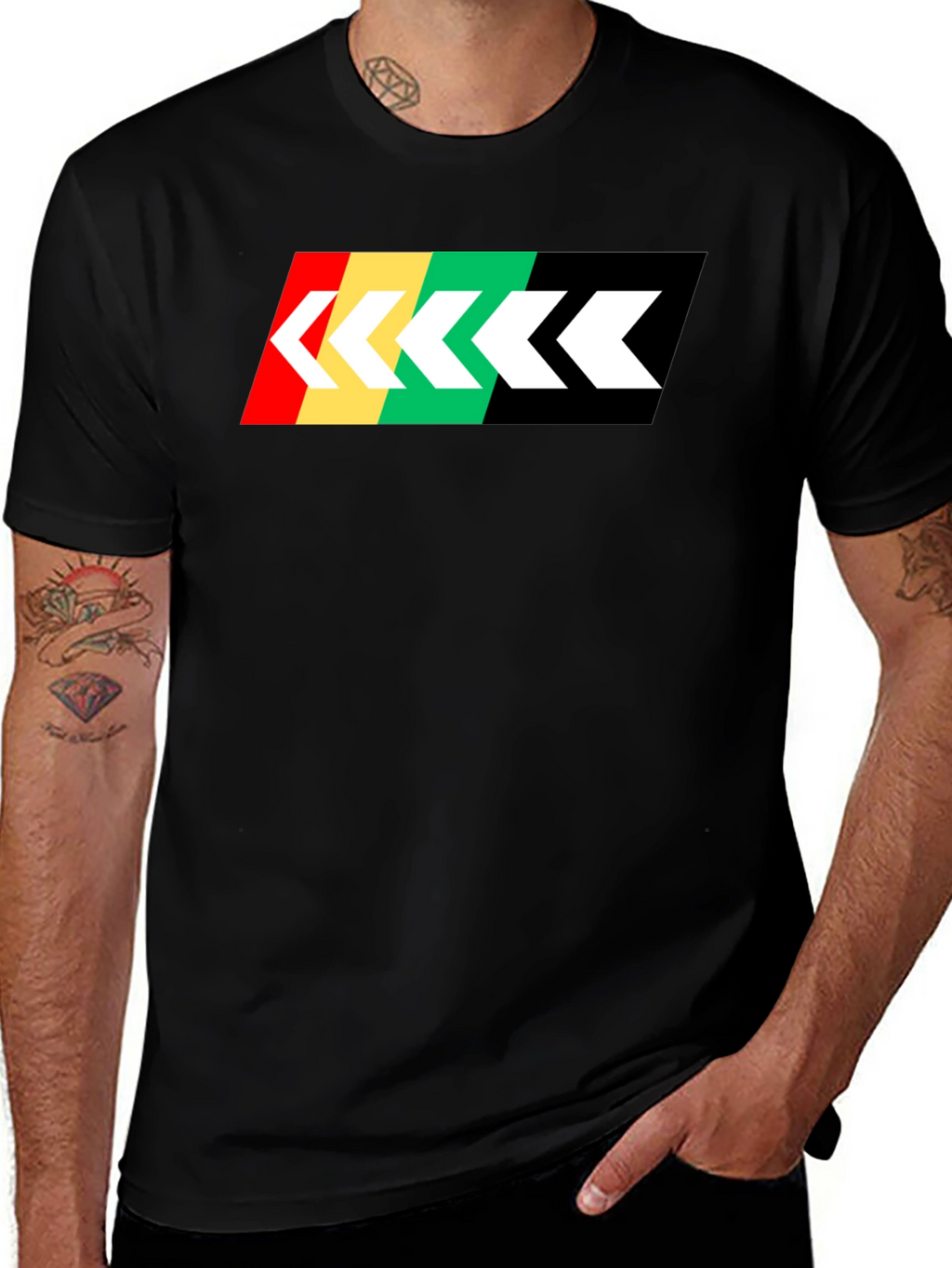 Retro Stripe Arrow Graphic Tee - Black Cotton T-Shirt