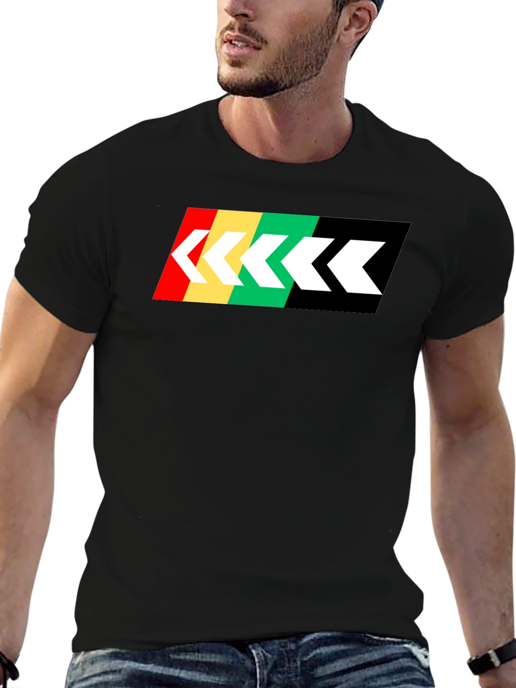 Retro Stripe Arrow Graphic Tee - Black Cotton T-Shirt
