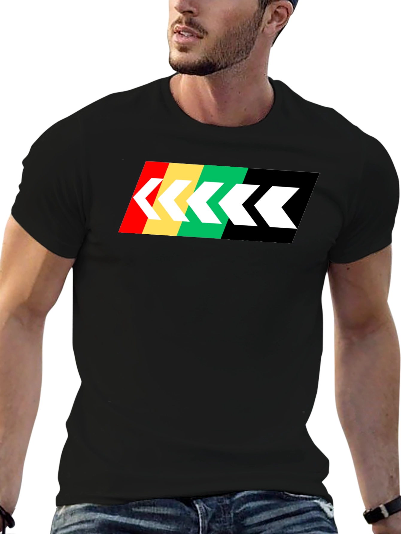 Retro Stripe Arrow Graphic Tee - Black Cotton T-Shirt