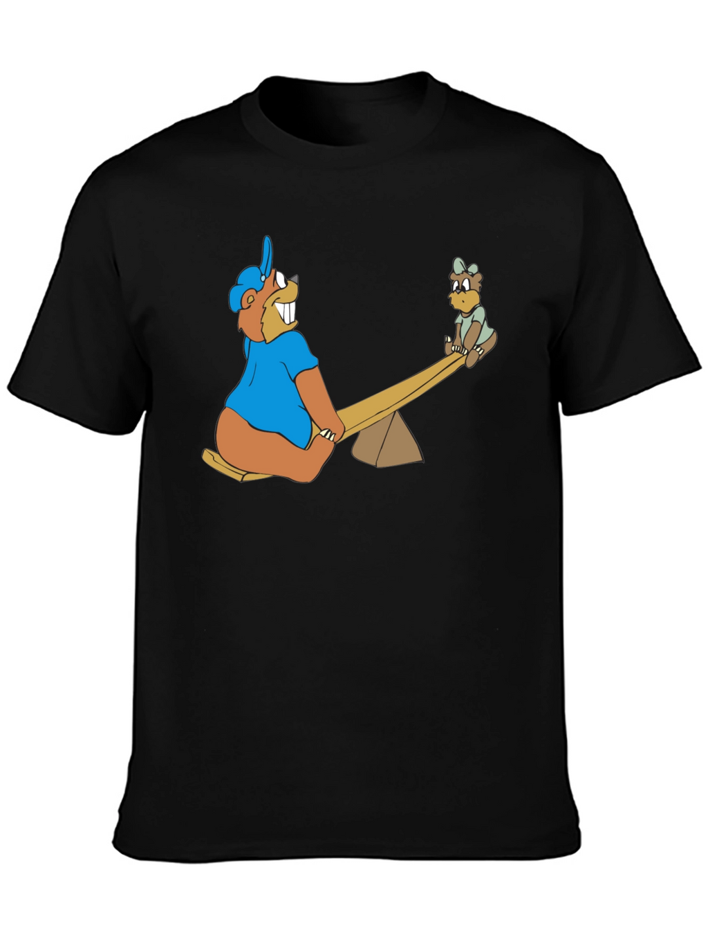 Cartoon Beaver See-Saw Black T-Shirt