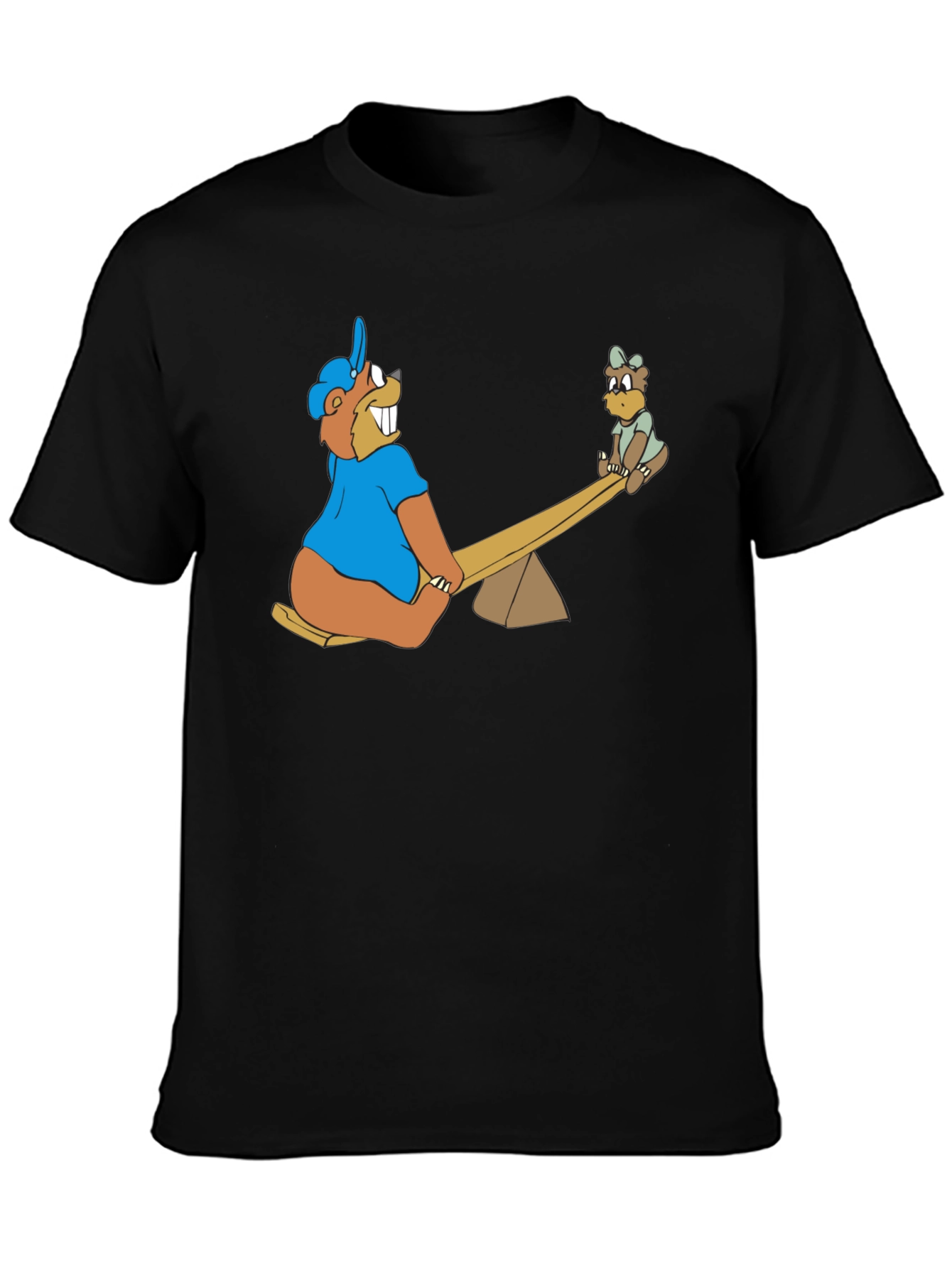 Cartoon Beaver See-Saw Black T-Shirt