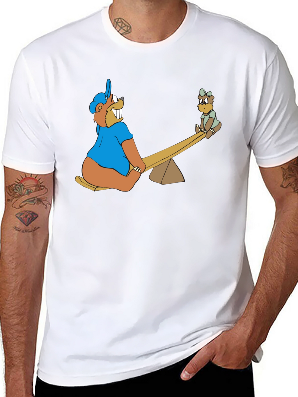 Cartoon Beaver See-Saw Black T-Shirt