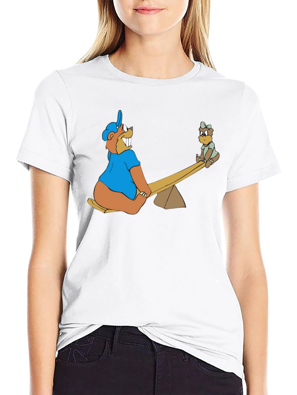 Cartoon Beaver See-Saw Black T-Shirt