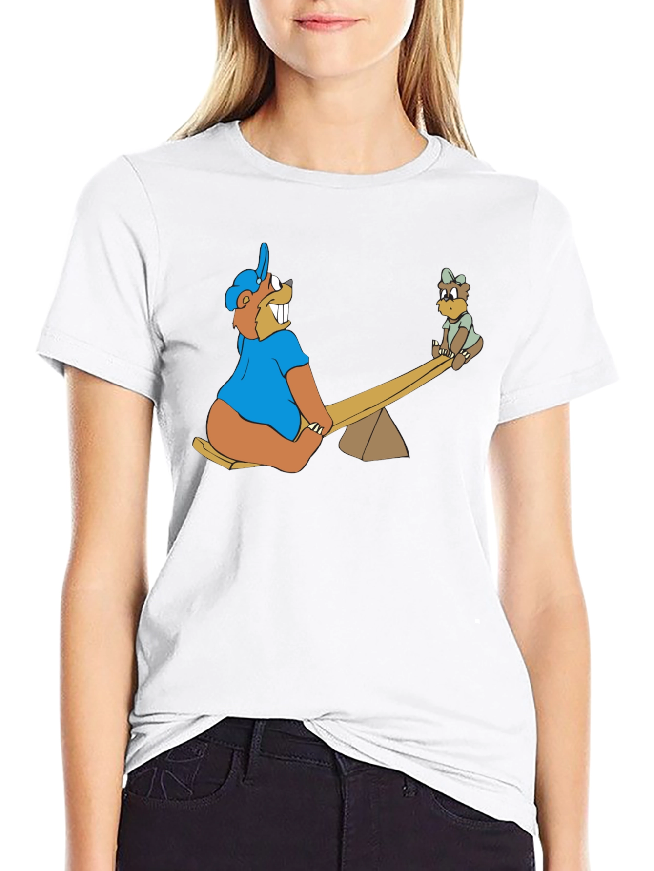 Cartoon Beaver See-Saw Black T-Shirt