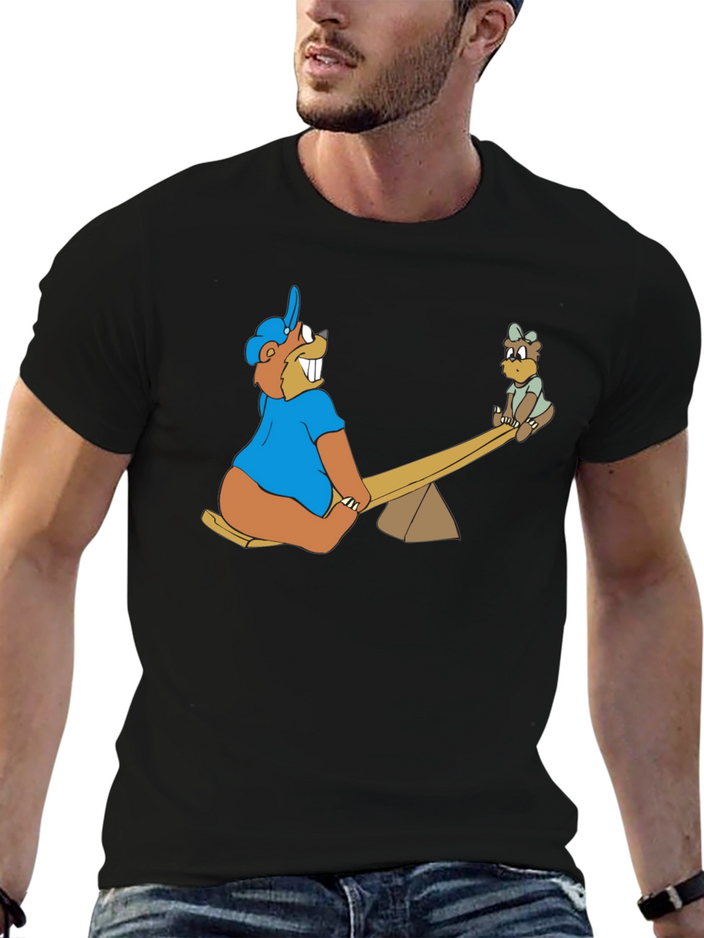 Cartoon Beaver See-Saw Black T-Shirt