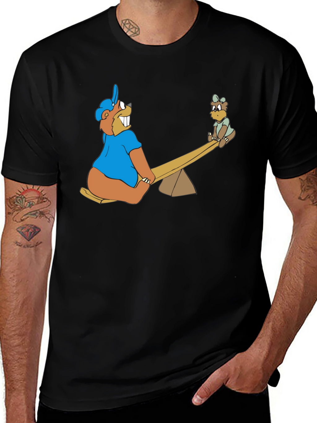 Cartoon Beaver See-Saw Black T-Shirt