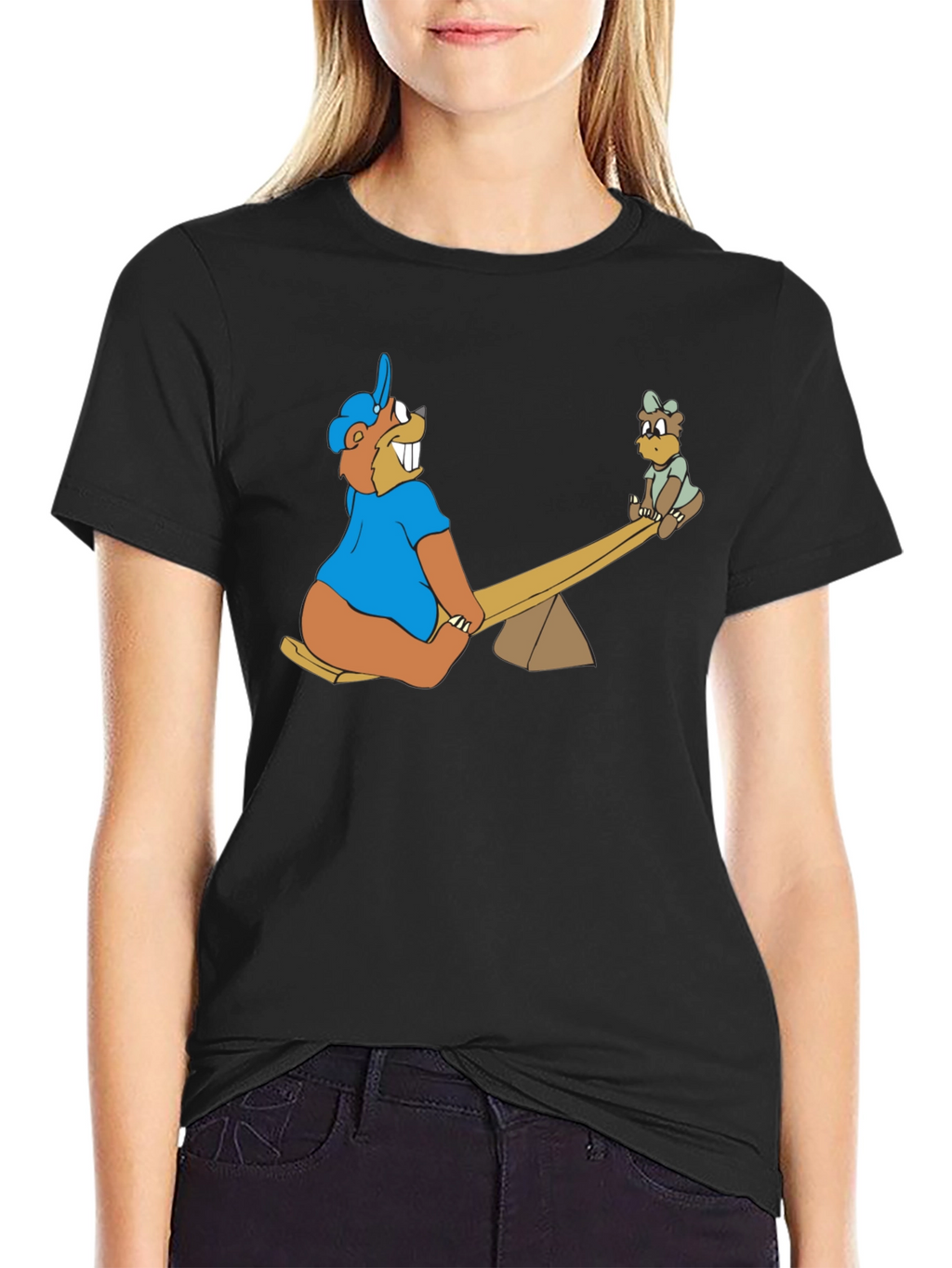 Cartoon Beaver See-Saw Black T-Shirt