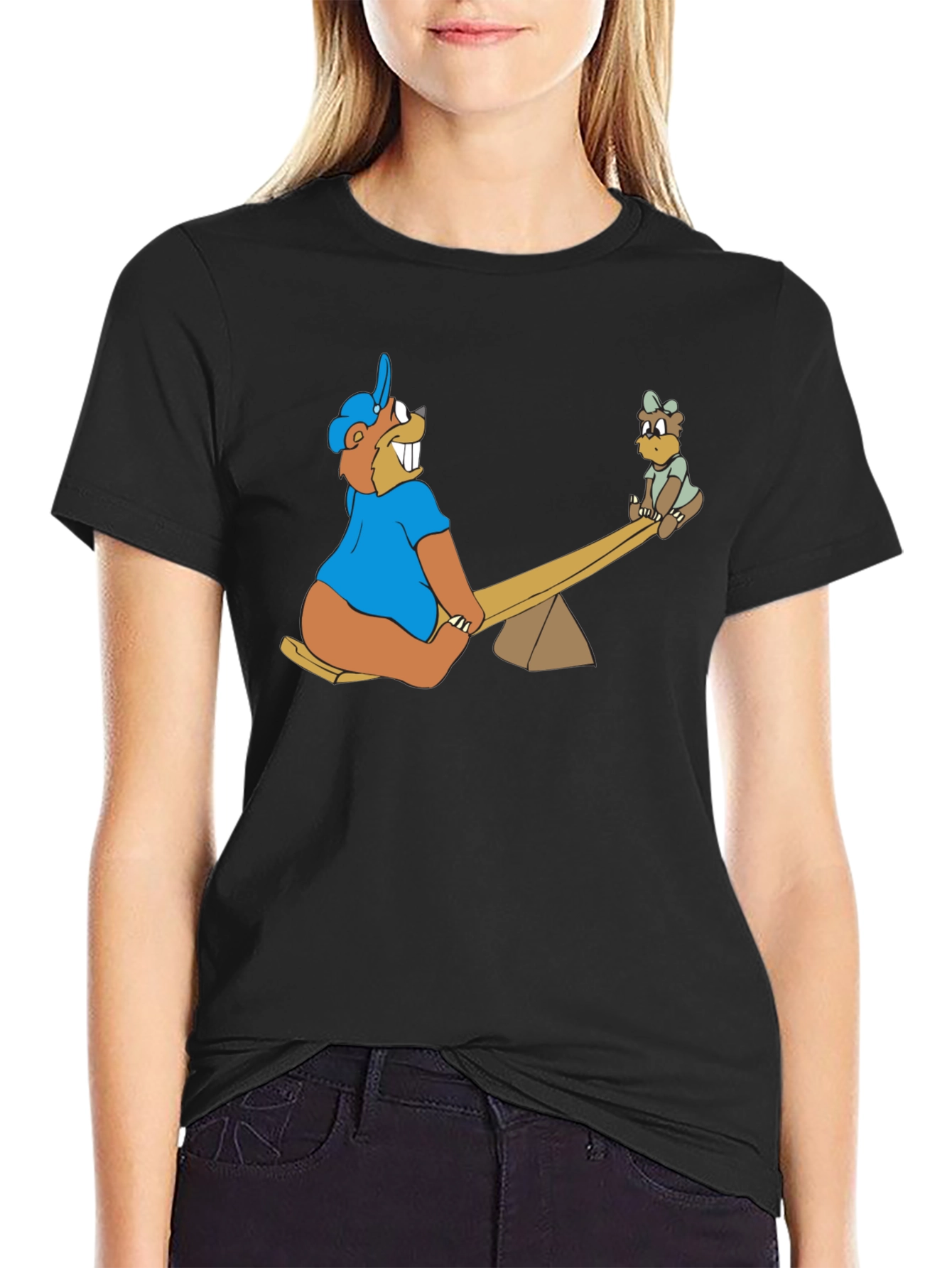 Cartoon Beaver See-Saw Black T-Shirt